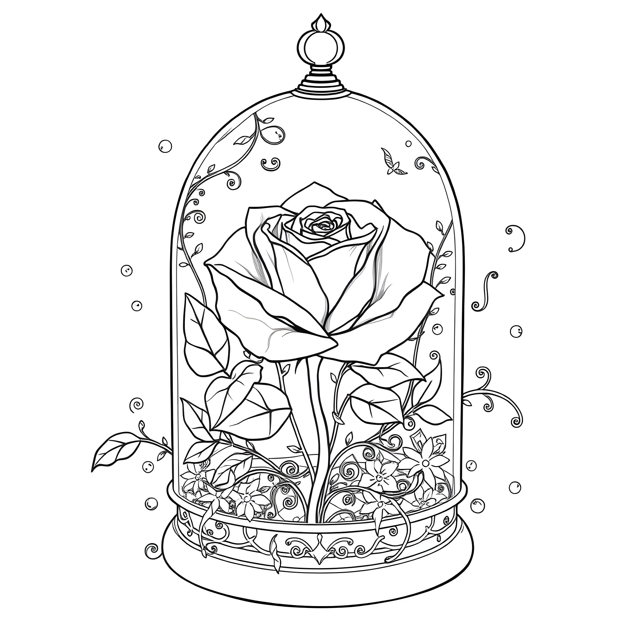 Rose encased in a glass dome with flourishing vines Coloring Page (free black-and-white line drawing printable PDF for all, from beginners to advanced learners, including children, teens, adults, and seniors)