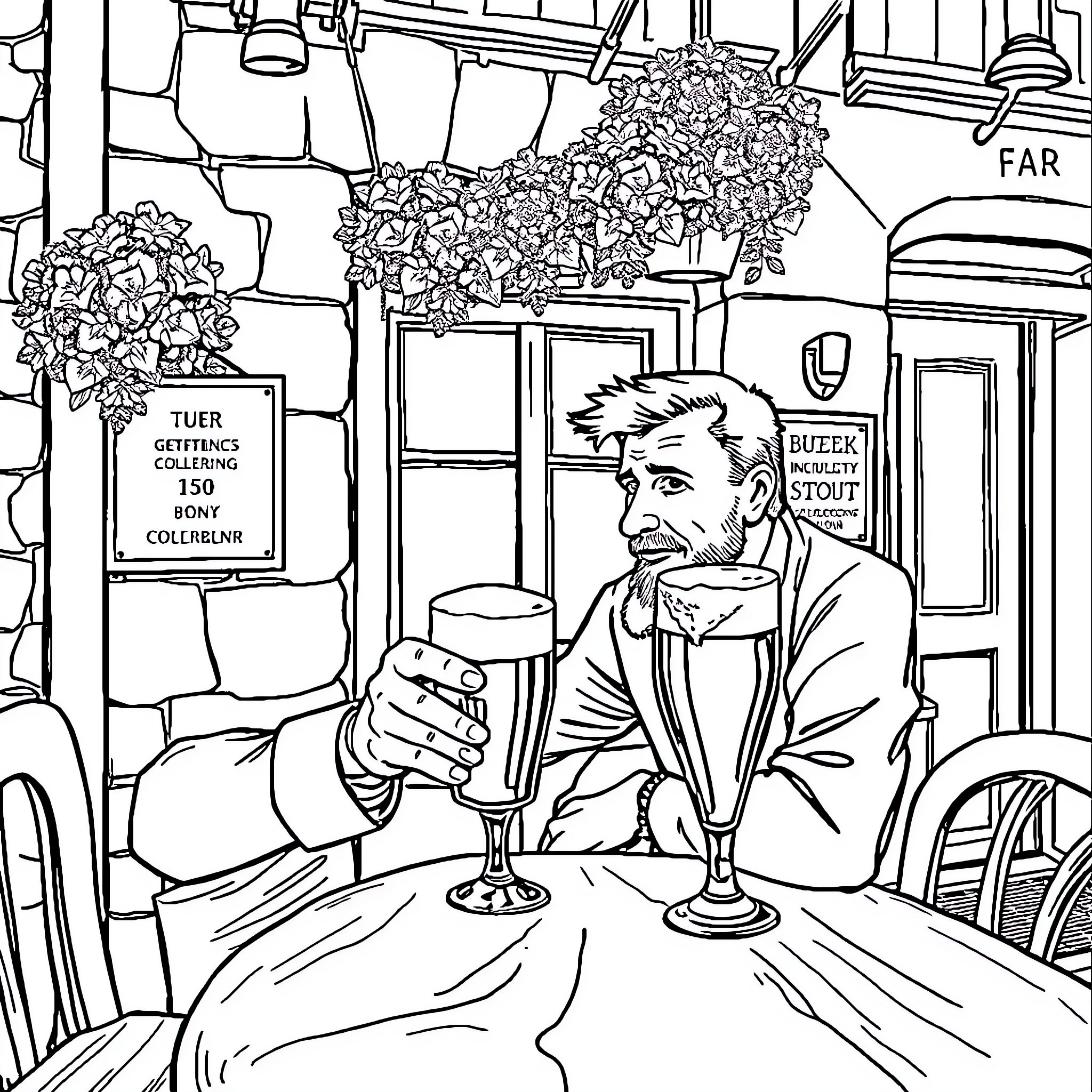 Man enjoying drinks at a bar or pub Coloring Page (free black-and-white line drawing printable PDF for all, from beginners to advanced learners, including children, teens, adults, and seniors)