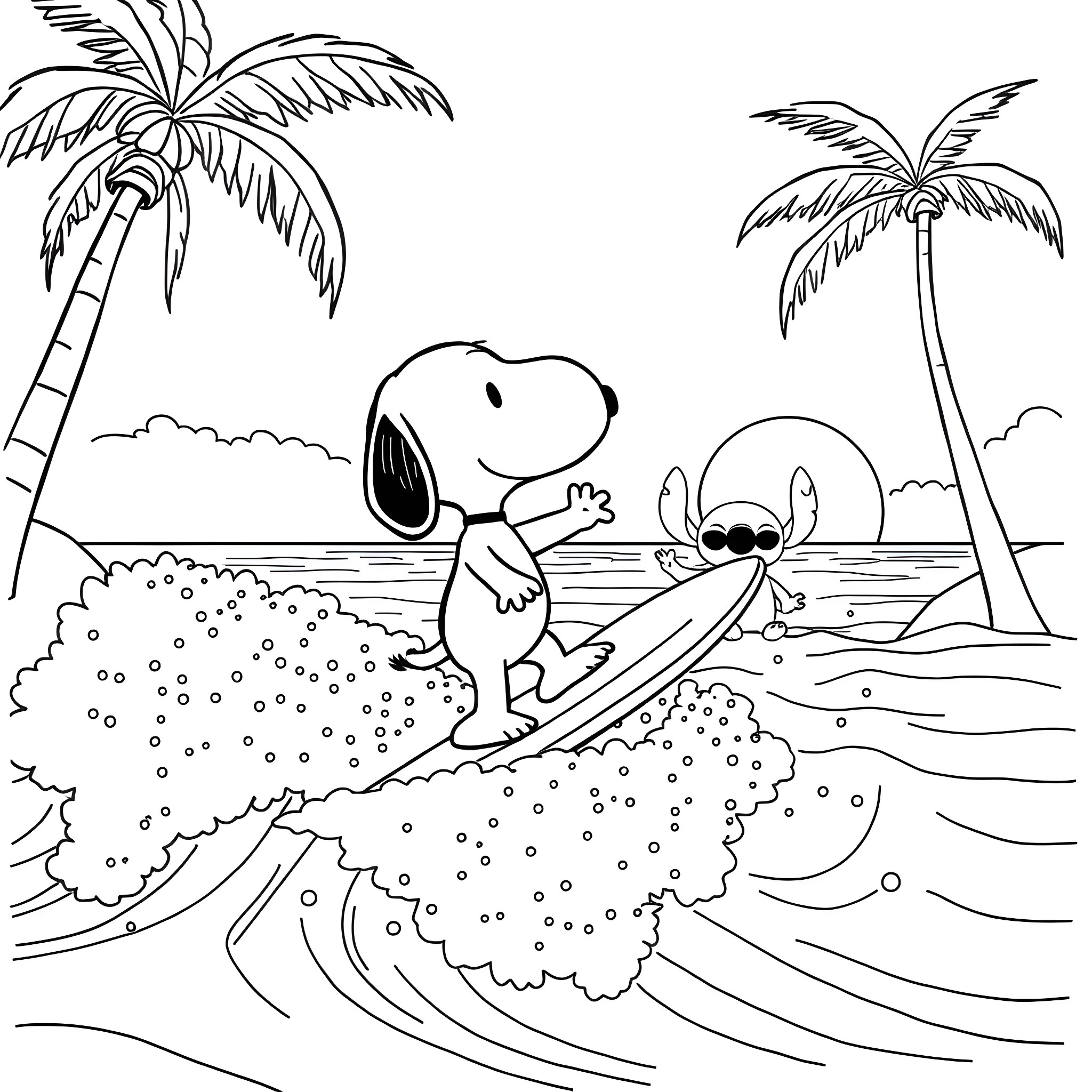 Snoopy enjoying a beach day with Stitch Coloring Page (free black-and-white line drawing printable PDF for all, from beginners to advanced learners, including children, teens, adults, and seniors)
