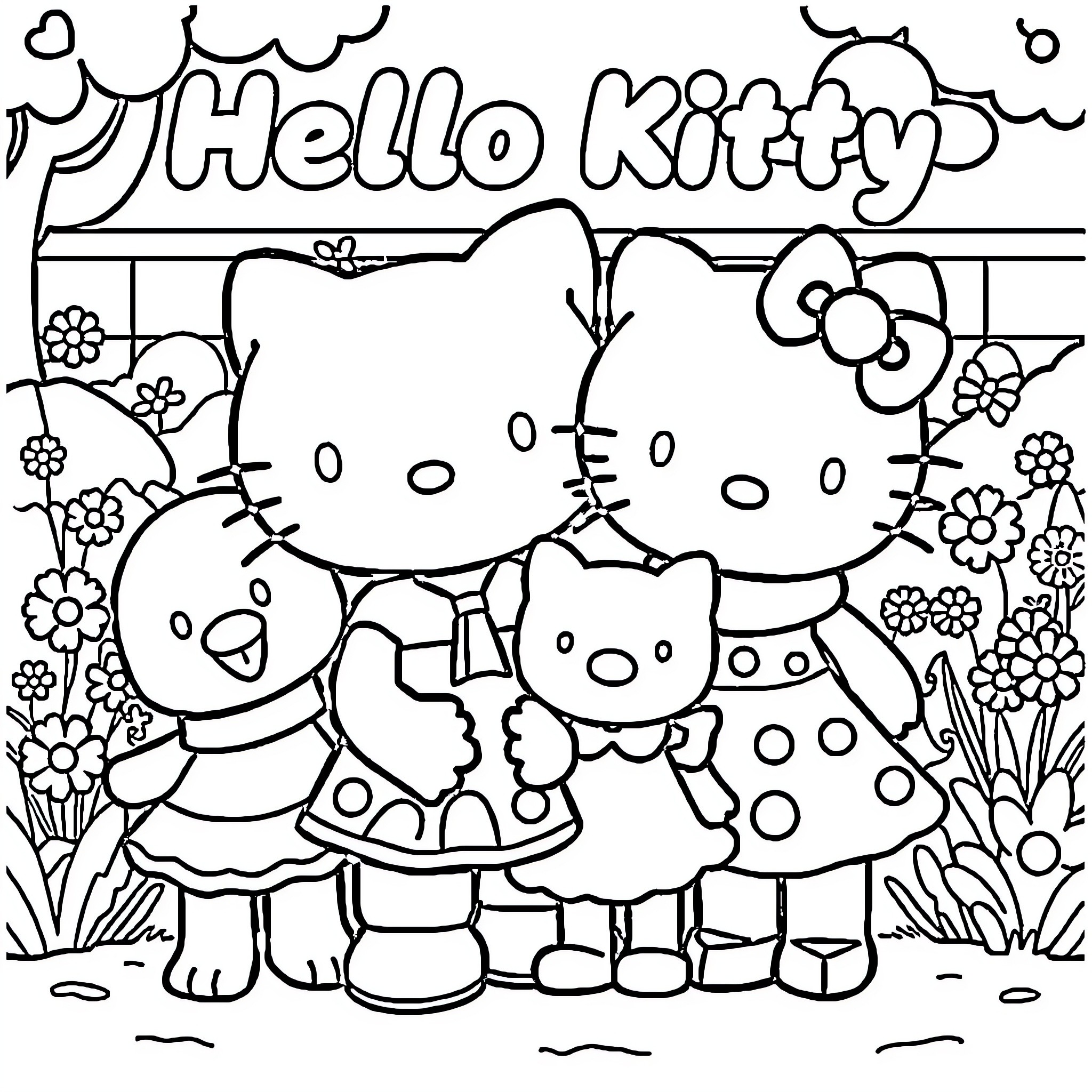 Hello Kitty and friends enjoy a day outdoors Coloring Page (free black-and-white line drawing printable PDF for all, from beginners to advanced learners, including children, teens, adults, and seniors)
