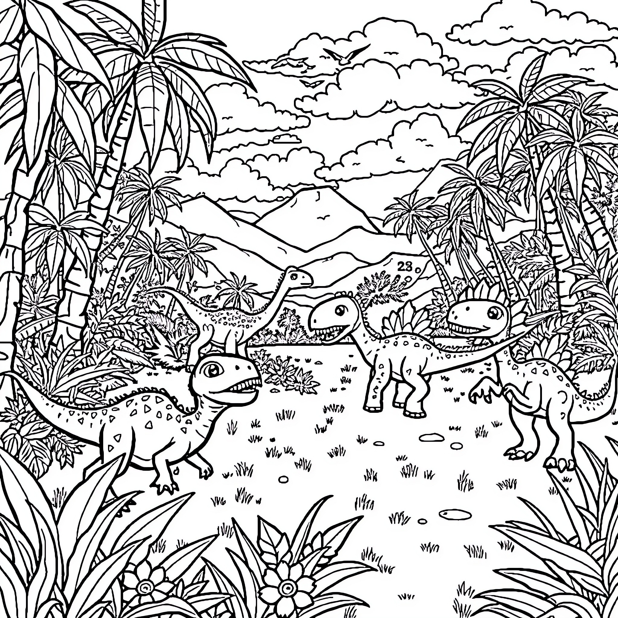 Dinosaurs exploring the tropical jungle landscape Coloring Page (free black-and-white line drawing printable PDF for all, from beginners to advanced learners, including children, teens, adults, and seniors)
