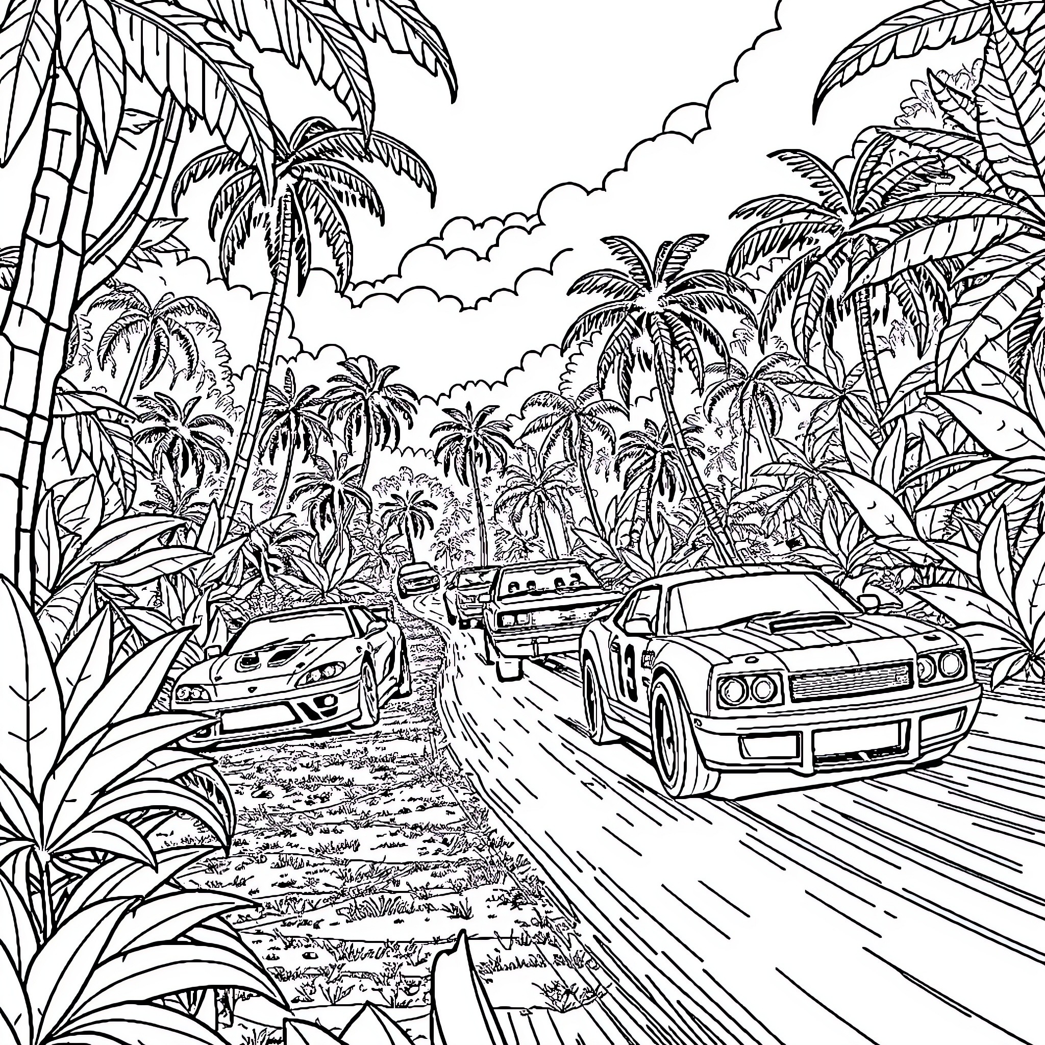 Car chase in tropical paradise Coloring Page (free black-and-white line drawing printable PDF for all, from beginners to advanced learners, including children, teens, adults, and seniors)