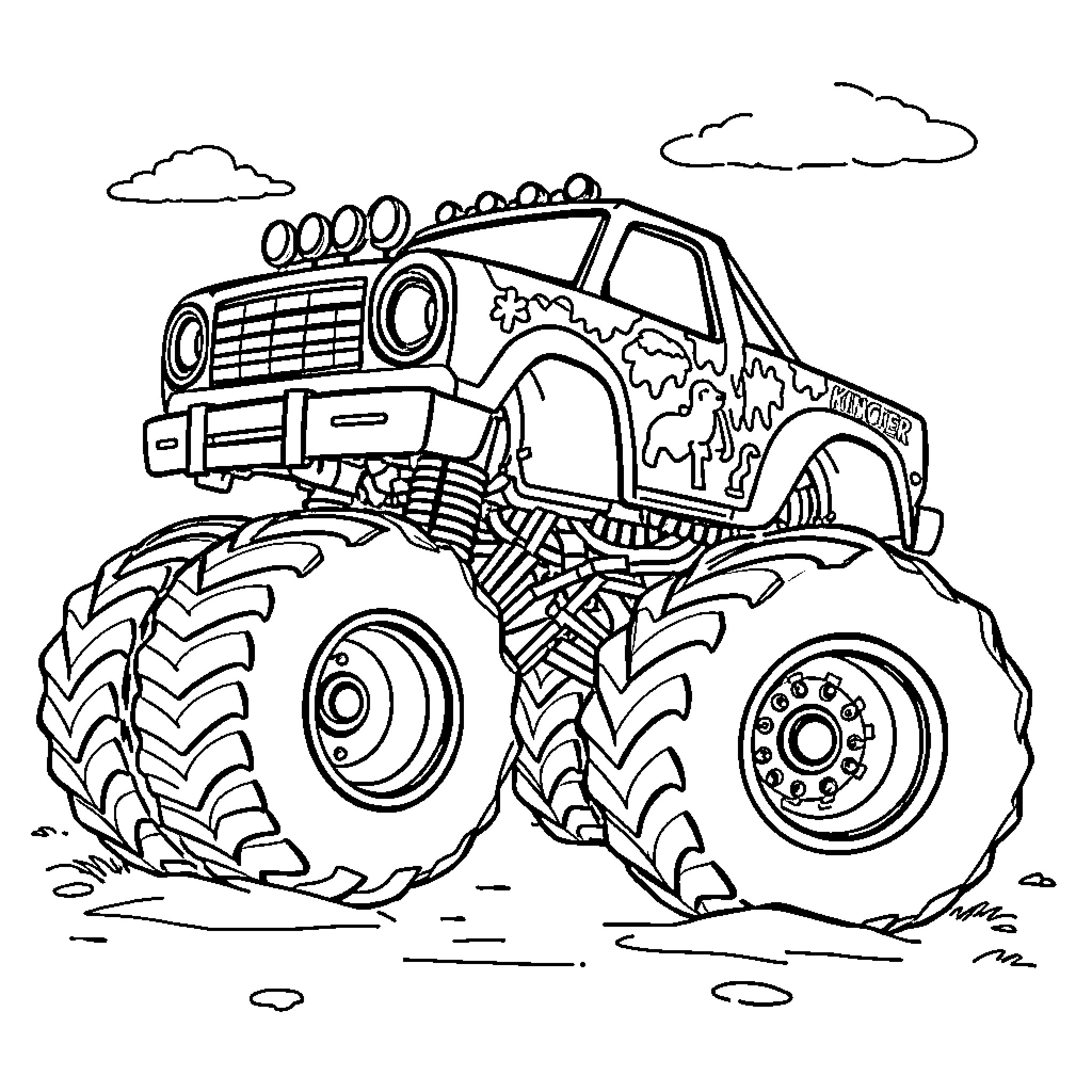 Monster Truck Crushing Dirt in the Wilderness Coloring Page (free black-and-white line drawing printable PDF for all, from beginners to advanced learners, including children, teens, adults, and seniors)