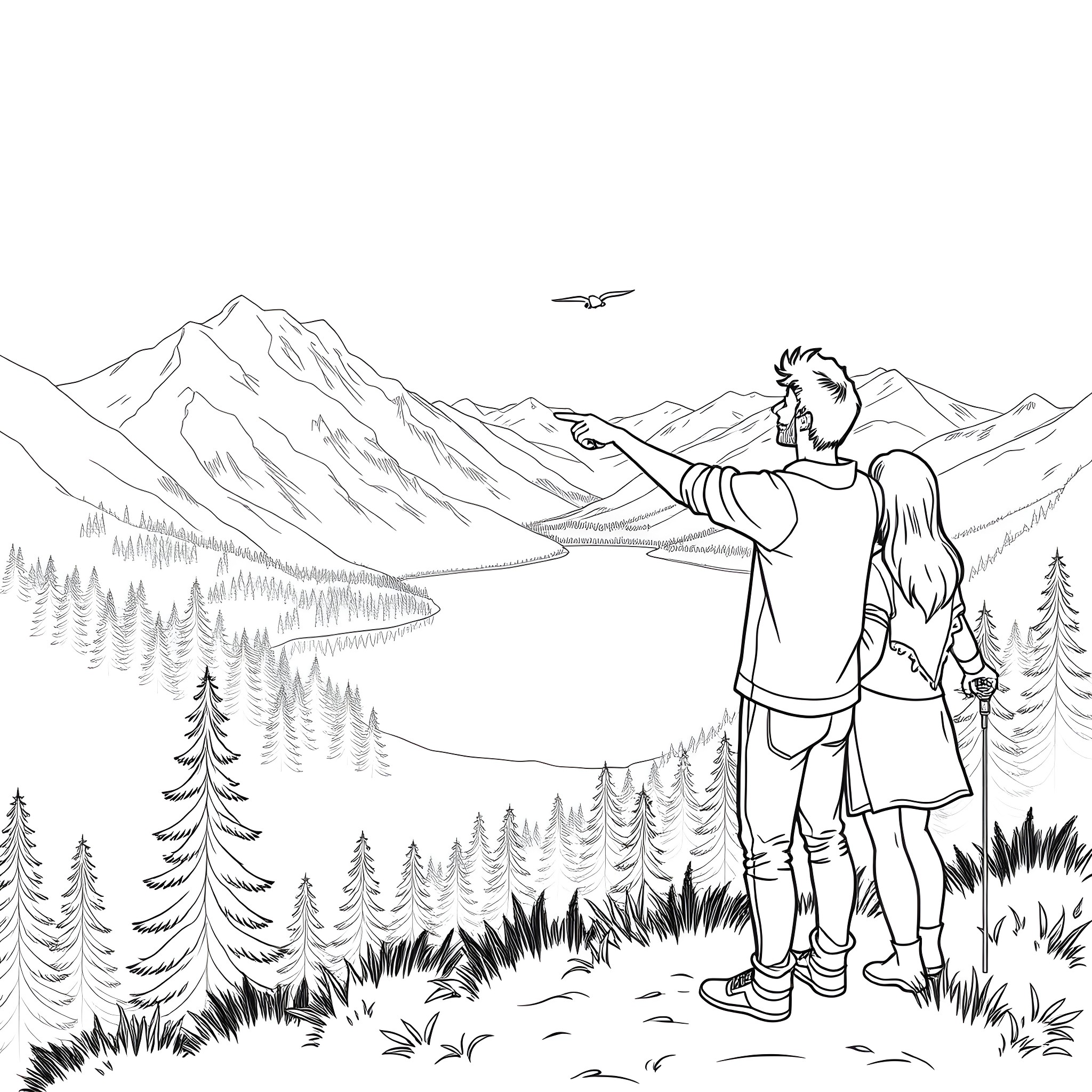 Young Couple Enjoying the Scenic Mountain View Coloring Page (free black-and-white line drawing printable PDF for all, from beginners to advanced learners, including children, teens, adults, and seniors)