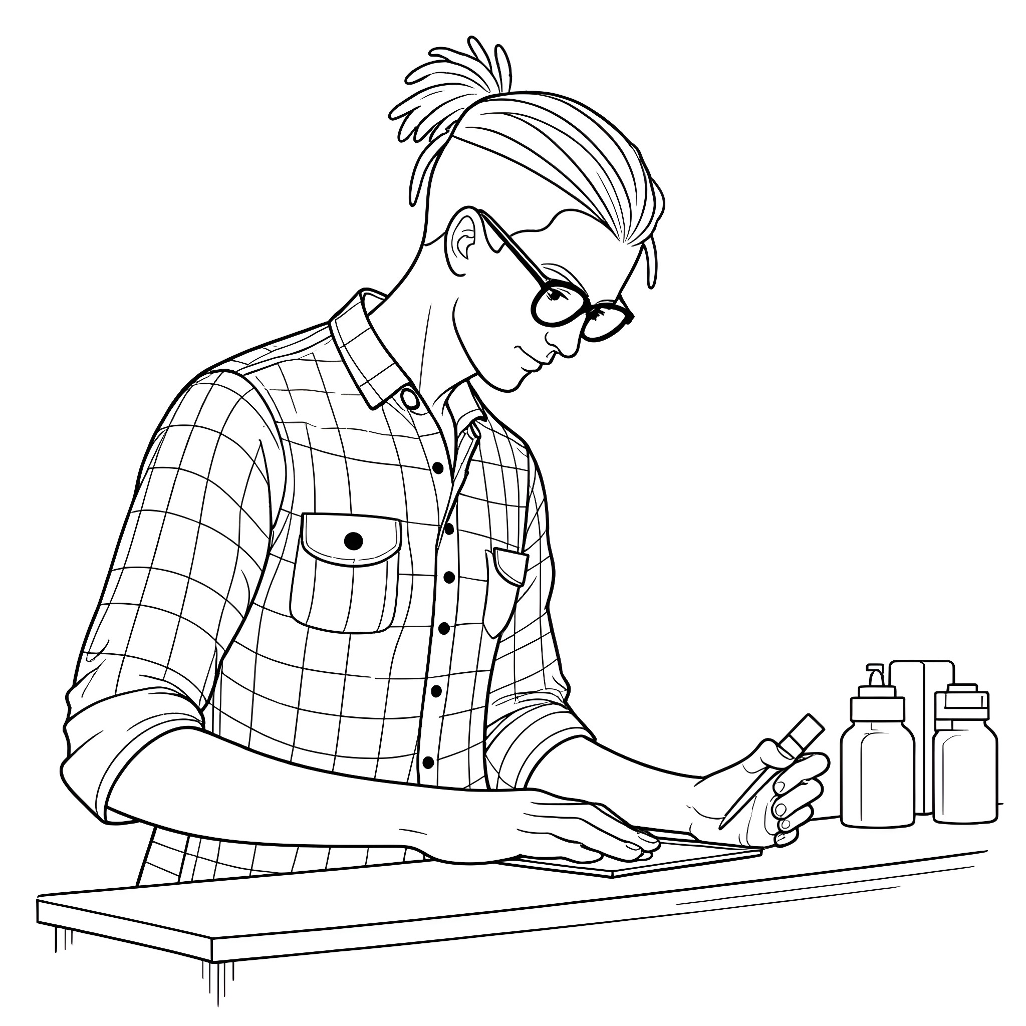 Pharmacist preparing medication in the lab Coloring Page (free black-and-white line drawing printable PDF for all, from beginners to advanced learners, including children, teens, adults, and seniors)