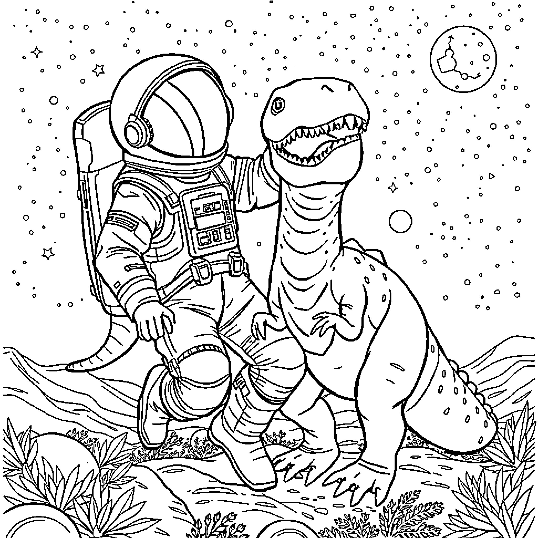 Farmer encounters a dinosaur in space Coloring Page (free black-and-white line drawing printable PDF for all, from beginners to advanced learners, including children, teens, adults, and seniors)