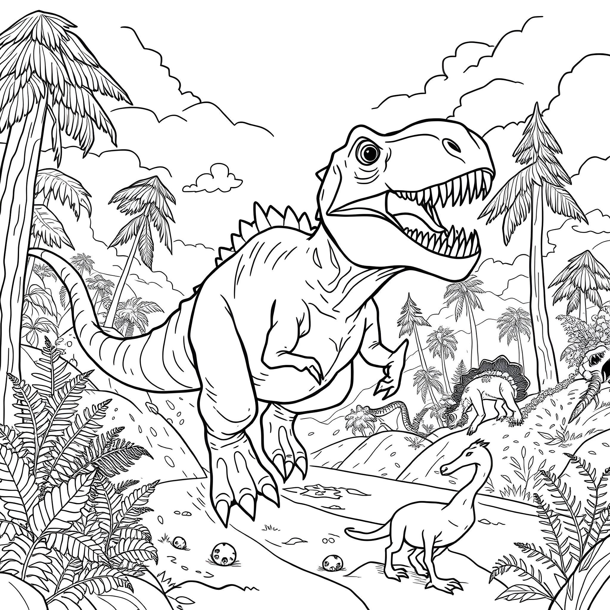 Dinosaur exploring the prehistoric forest landscape Coloring Page (free black-and-white line drawing printable PDF for all, from beginners to advanced learners, including children, teens, adults, and seniors)