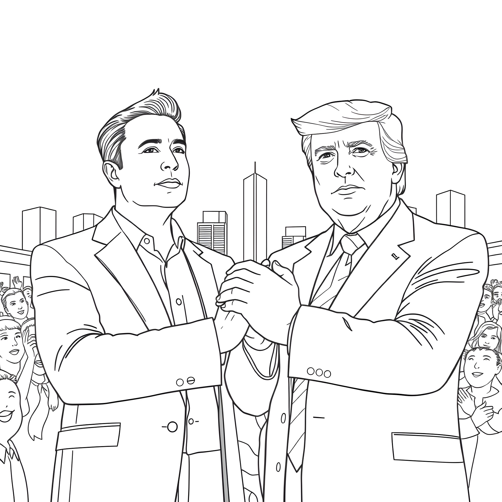 Elon Musk and Donald Trump in Formal Attire Coloring Page (free black-and-white line drawing printable PDF for all, from beginners to advanced learners, including children, teens, adults, and seniors)