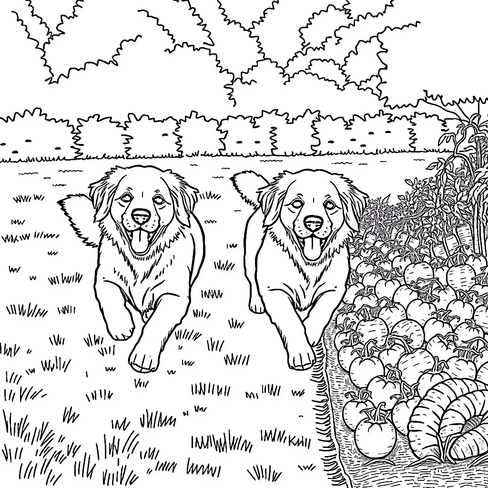 Golden Retrievers exploring a vibrant garden Coloring Page (free black-and-white line drawing printable PDF for all, from beginners to advanced learners, including children, teens, adults, and seniors)