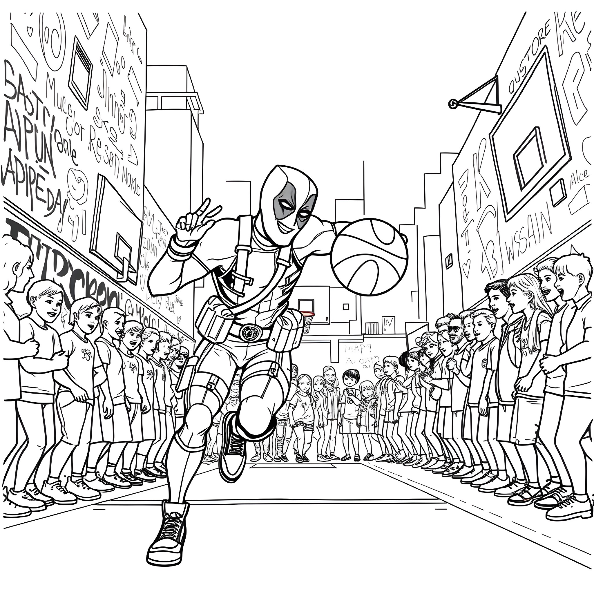 Deadpool's Action-Packed Adventure in the City Coloring Page (free black-and-white line drawing printable PDF for all, from beginners to advanced learners, including children, teens, adults, and seniors)