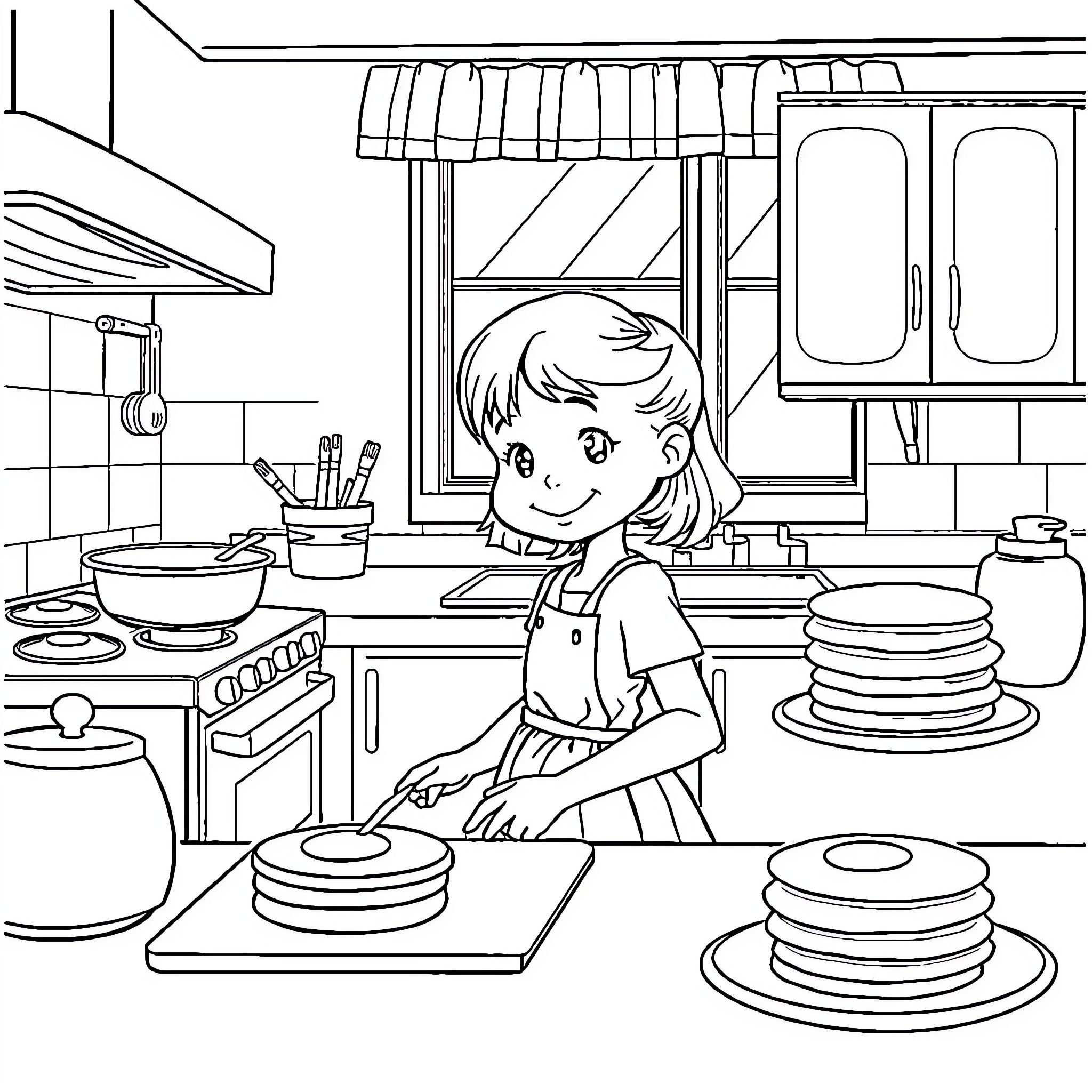 Girl helping with household chores in the kitchen Coloring Page (free black-and-white line drawing printable PDF for all, from beginners to advanced learners, including children, teens, adults, and seniors)