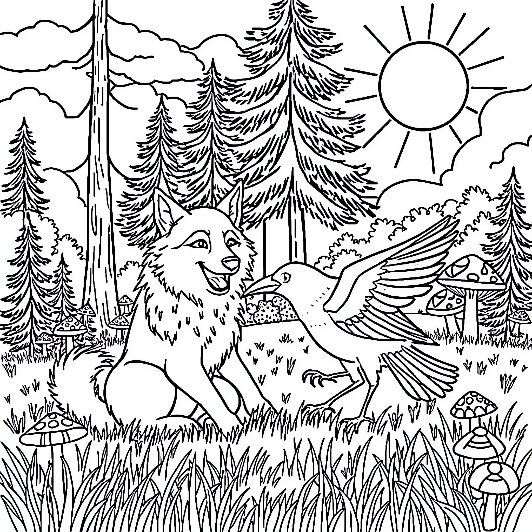 Wolf relaxing in enchanted forest Coloring Page (free black-and-white line drawing printable PDF for all, from beginners to advanced learners, including children, teens, adults, and seniors)