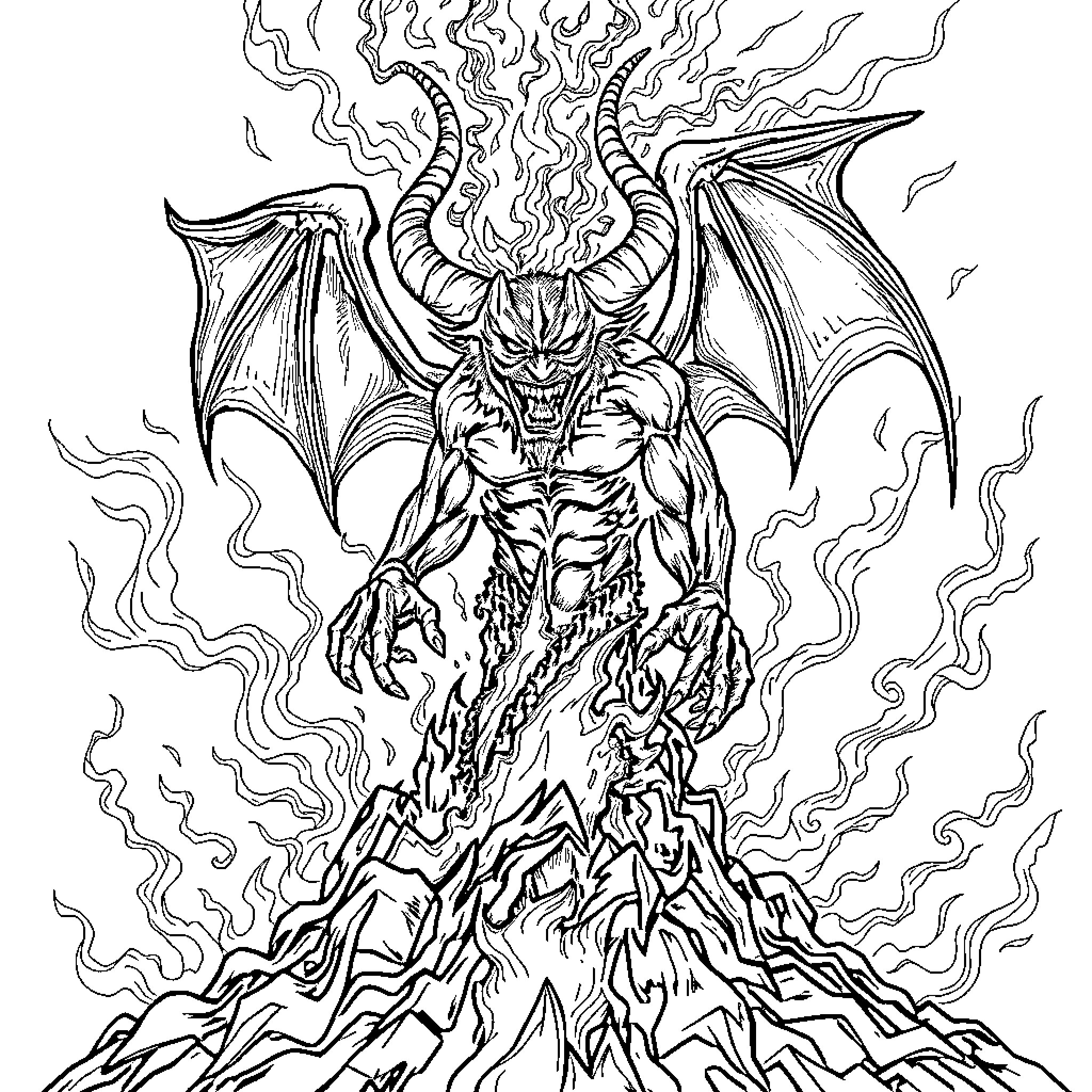 Demon lord emerging from the depths Coloring Page (free black-and-white line drawing printable PDF for all, from beginners to advanced learners, including children, teens, adults, and seniors)