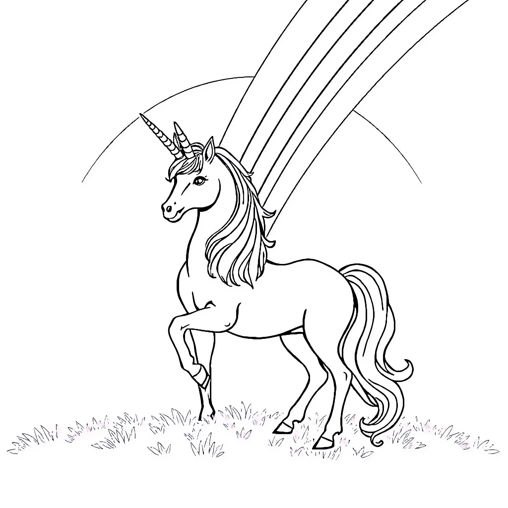 Unicorn standing proudly in a magical field Coloring Page (free black-and-white line drawing printable PDF for all, from beginners to advanced learners, including children, teens, adults, and seniors)
