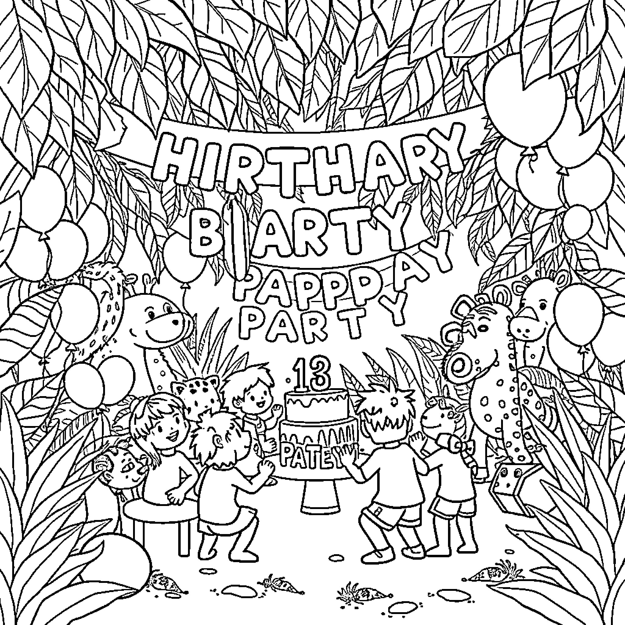 Jungle Birthday Party Happy Celebration Coloring Page (free black-and-white line drawing printable PDF for all, from beginners to advanced learners, including children, teens, adults, and seniors)