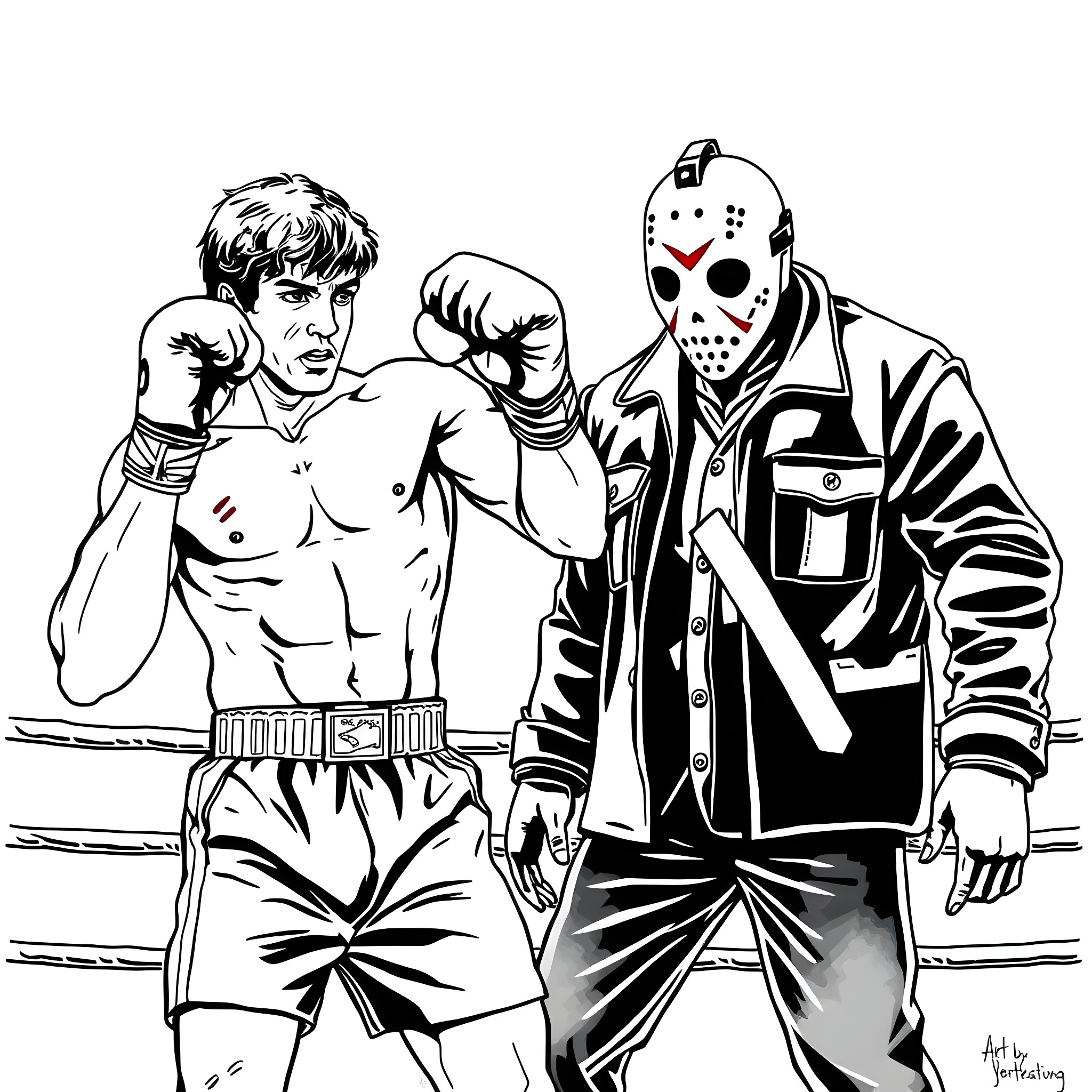 Rocky Fighters Battling in the Arena Coloring Page (free black-and-white line drawing printable PDF for all, from beginners to advanced learners, including children, teens, adults, and seniors)
