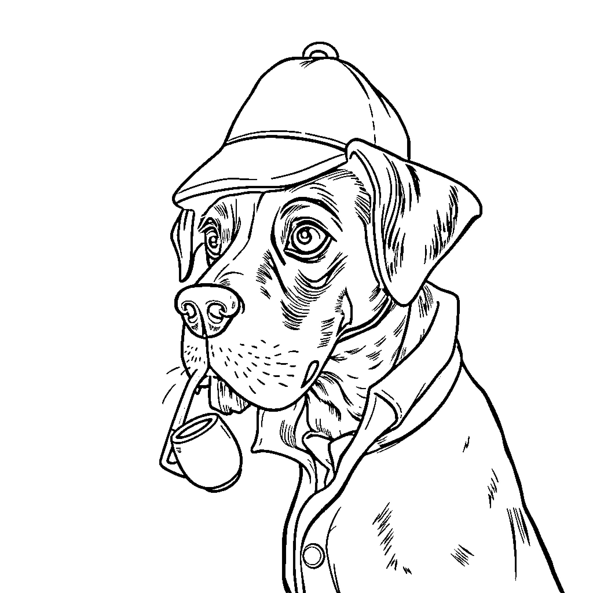 Dog Wearing Uniform and Cap in Line Art Coloring Page (free black-and-white line drawing printable PDF for all, from beginners to advanced learners, including children, teens, adults, and seniors)