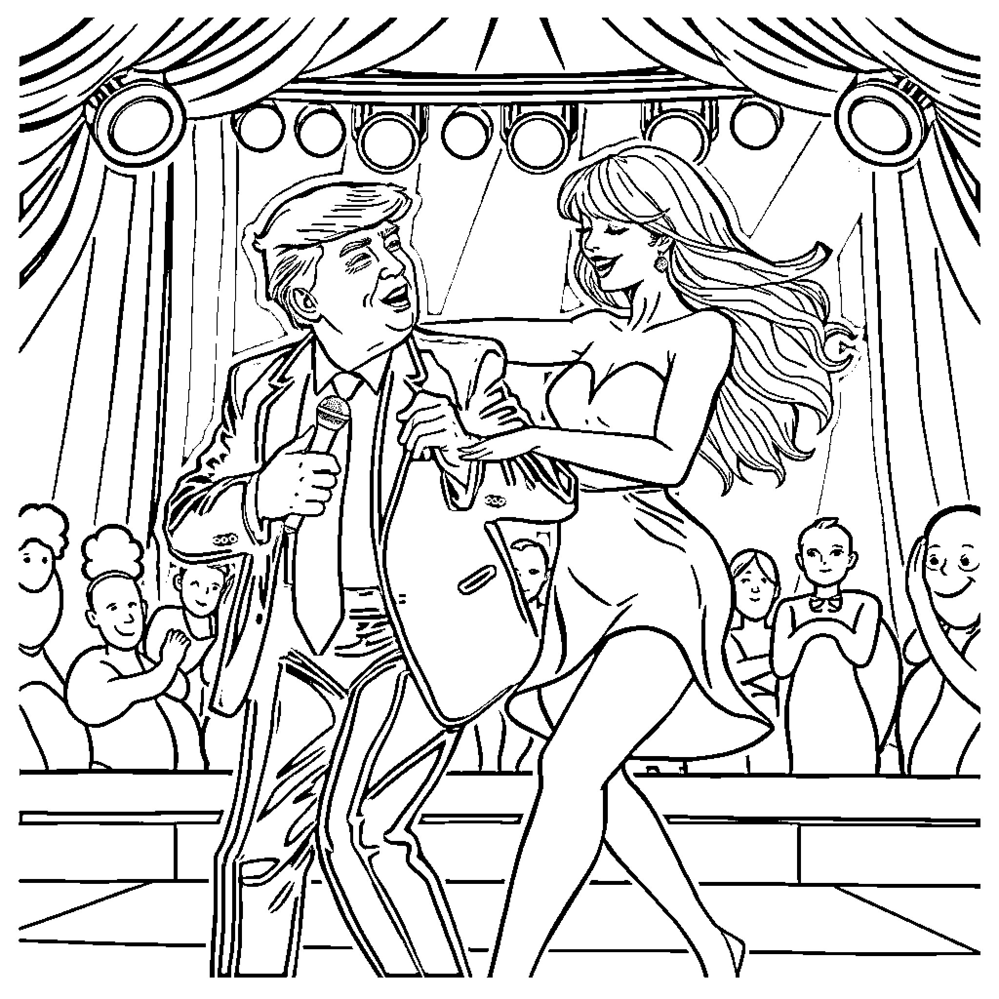 Donald Trump and Woman Performing on Stage Coloring Page (free black-and-white line drawing printable PDF for all, from beginners to advanced learners, including children, teens, adults, and seniors)