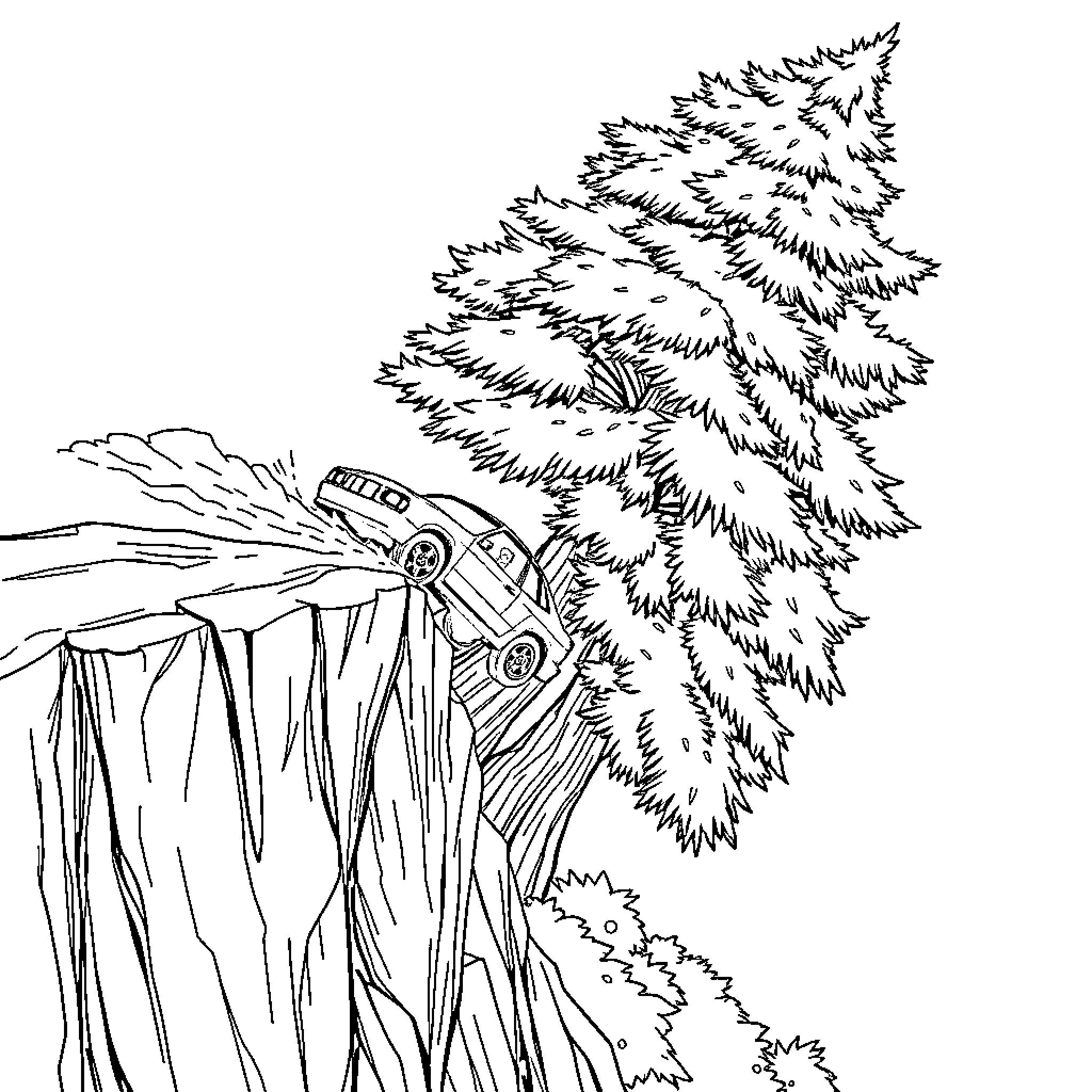 Car careening off cliff through snowy forest Coloring Page (free black-and-white line drawing printable PDF for all, from beginners to advanced learners, including children, teens, adults, and seniors)