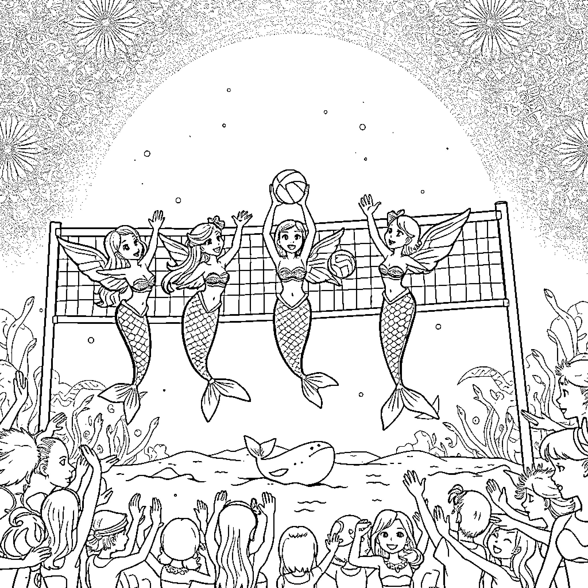 Mermaid Volleyball Game in the Underwater Realm Coloring Page (free black-and-white line drawing printable PDF for all, from beginners to advanced learners, including children, teens, adults, and seniors)