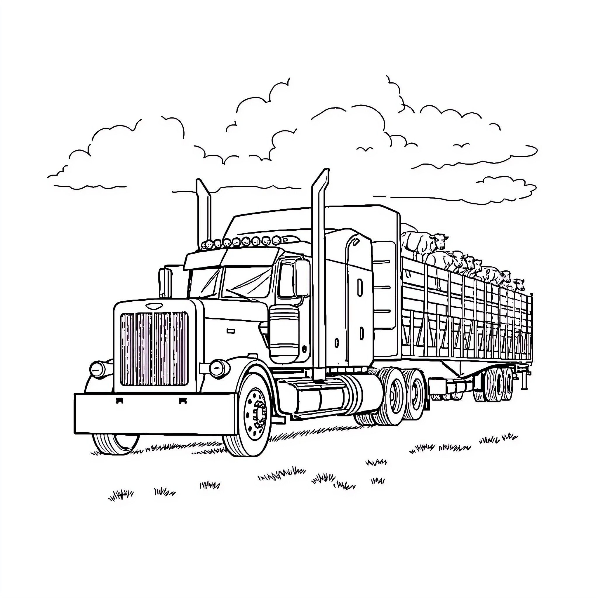 Peterbilt semi-truck hauling cargo on the highway Coloring Page (free black-and-white line drawing printable PDF for all, from beginners to advanced learners, including children, teens, adults, and seniors)