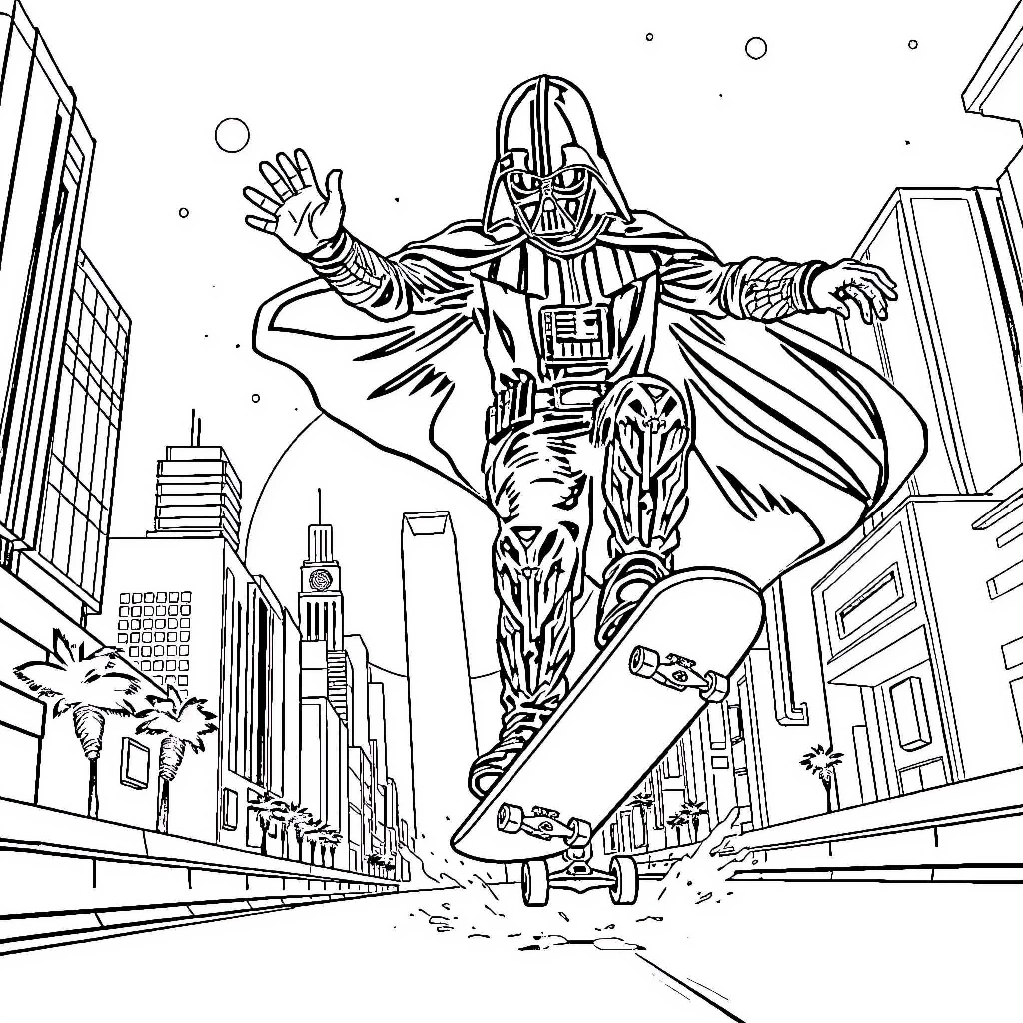 Darth Vader's Menacing Presence in the City Coloring Page (free black-and-white line drawing printable PDF for all, from beginners to advanced learners, including children, teens, adults, and seniors)