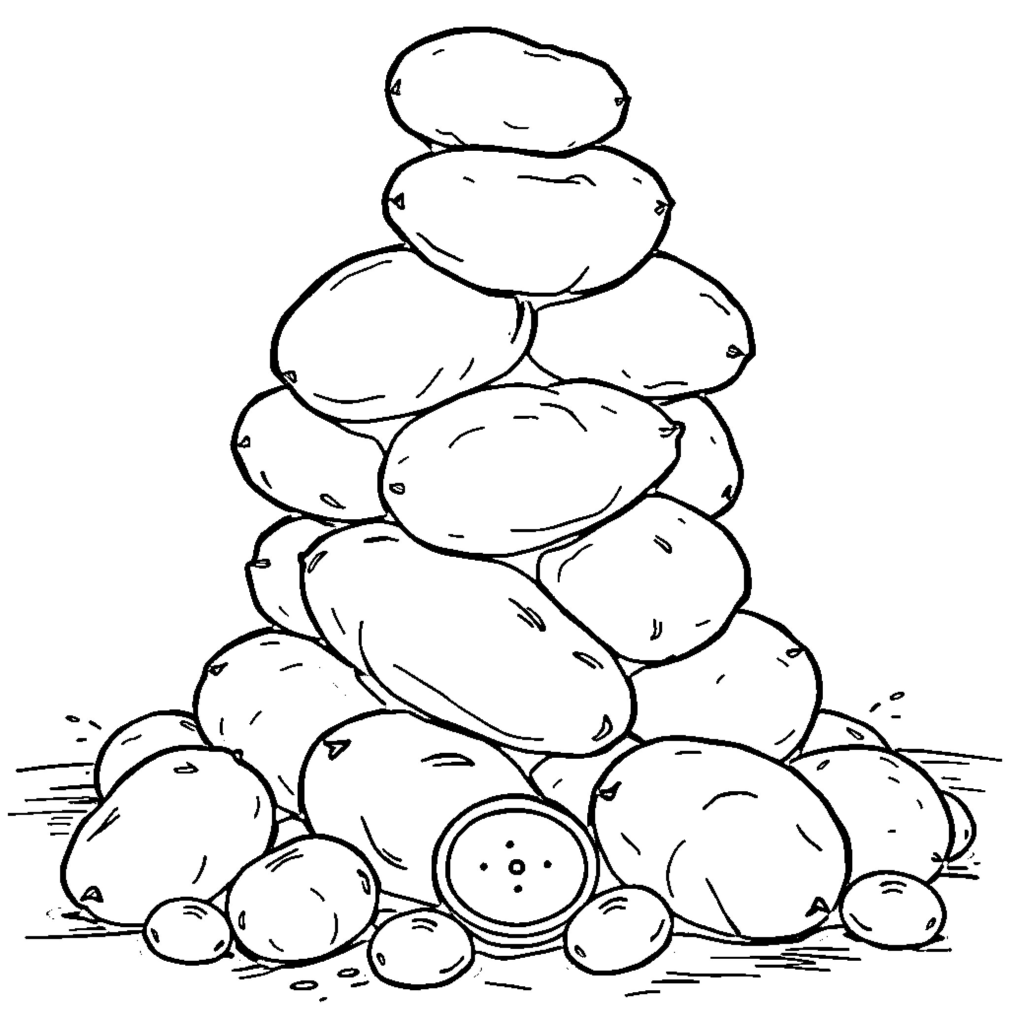 Potato pile with scattered pebbles Coloring Page (free black-and-white line drawing printable PDF for all, from beginners to advanced learners, including children, teens, adults, and seniors)