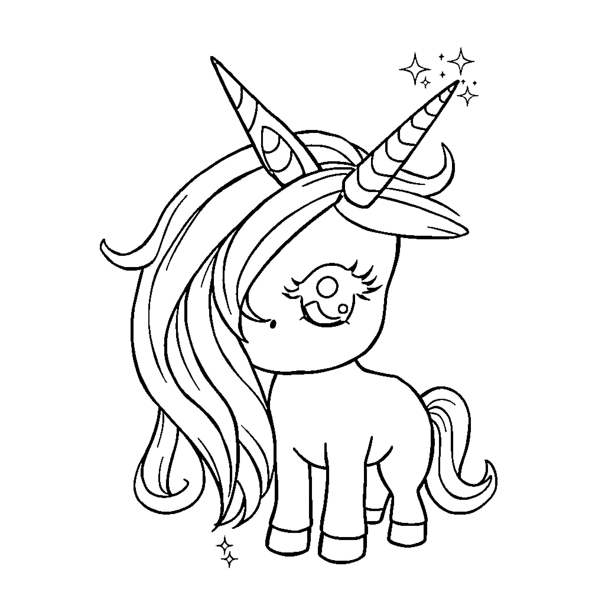 Unicorn with sparkly horn and happy expression Coloring Page (free black-and-white line drawing printable PDF for all, from beginners to advanced learners, including children, teens, adults, and seniors)