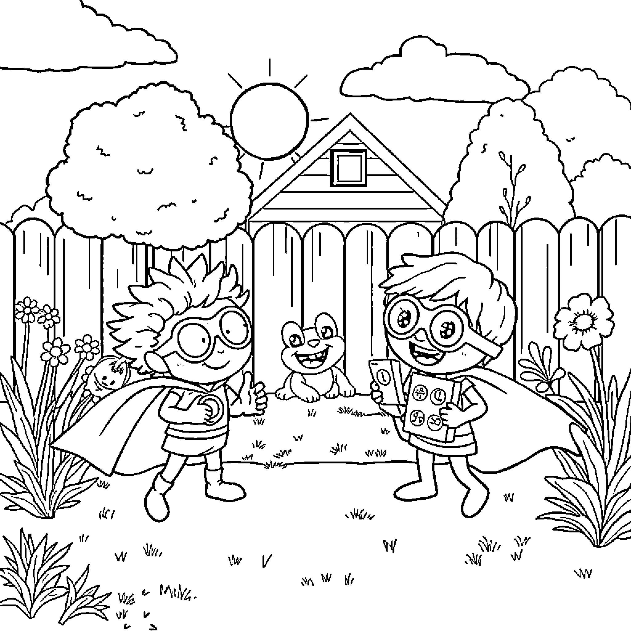 Superthings playing happily in the backyard Coloring Page (free black-and-white line drawing printable PDF for all, from beginners to advanced learners, including children, teens, adults, and seniors)