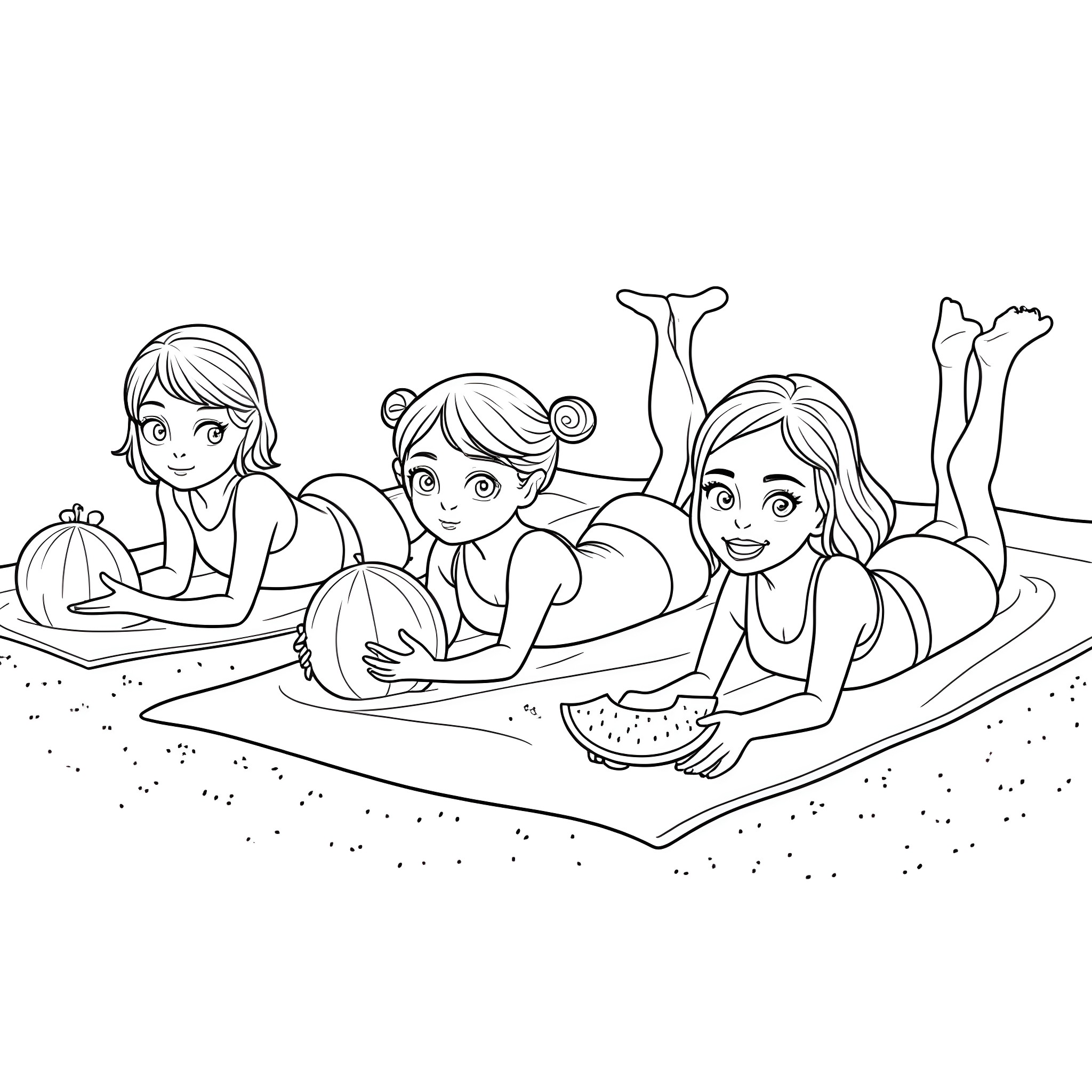 Girls enjoying a picnic outdoors Coloring Page (free black-and-white line drawing printable PDF for all, from beginners to advanced learners, including children, teens, adults, and seniors)