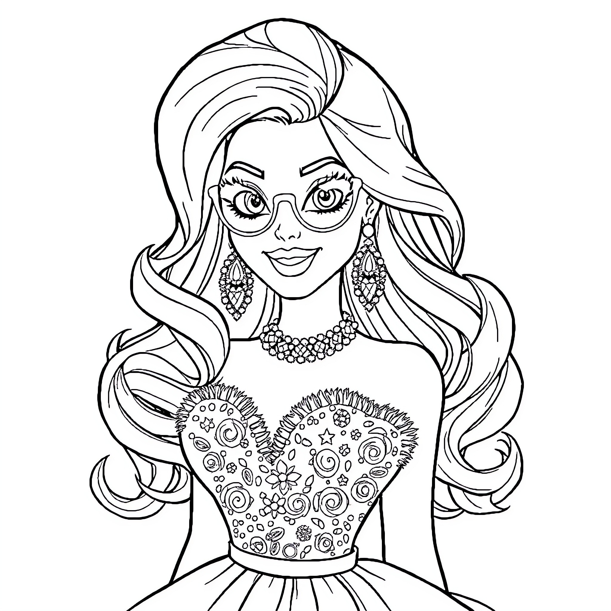 Barbi in Elegant Floral Dress with Intricate Accessories Coloring Page (free black-and-white line drawing printable PDF for all, from beginners to advanced learners, including children, teens, adults, and seniors)