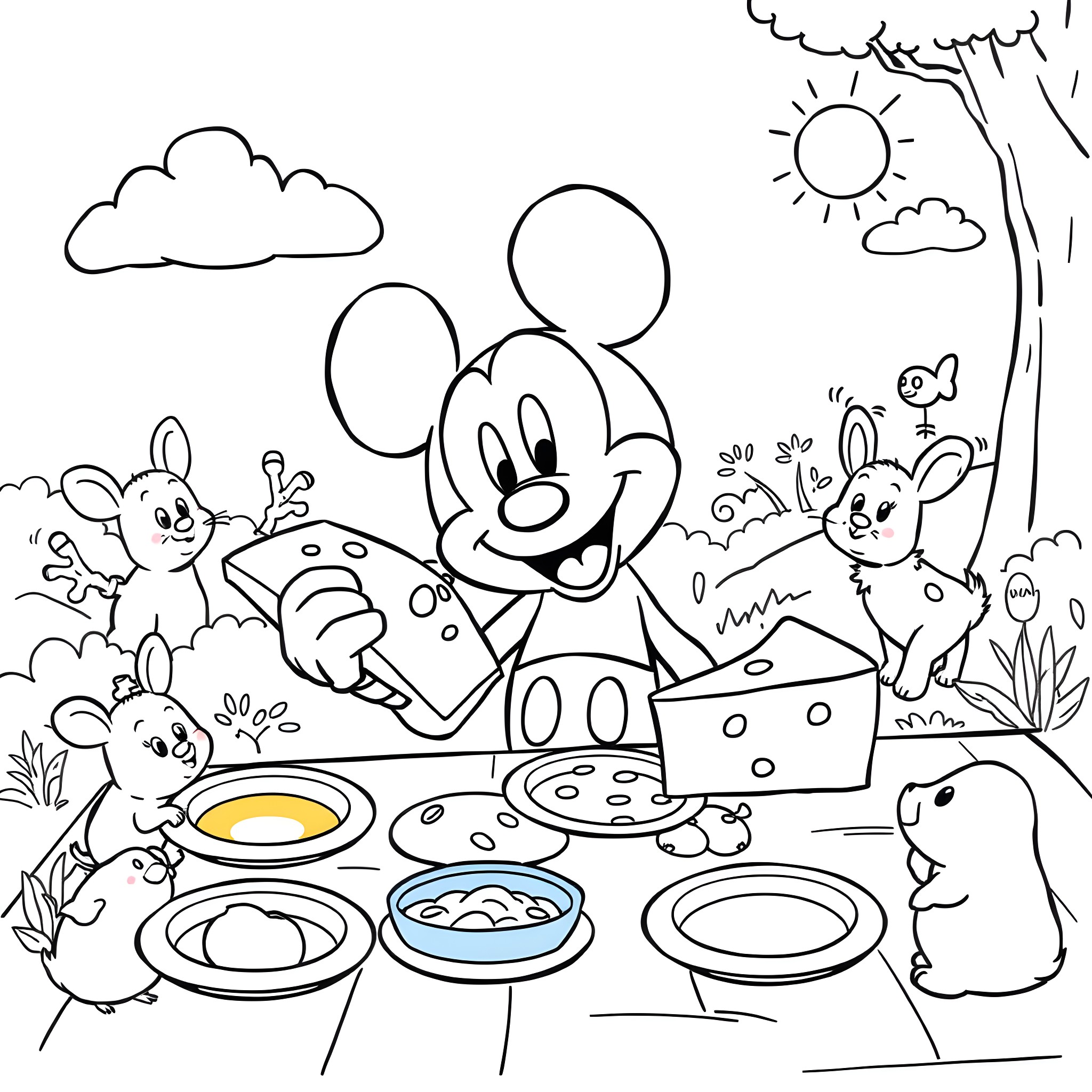 Mickey Mouse having a picnic with animal friends Coloring Page (free black-and-white line drawing printable PDF for all, from beginners to advanced learners, including children, teens, adults, and seniors)