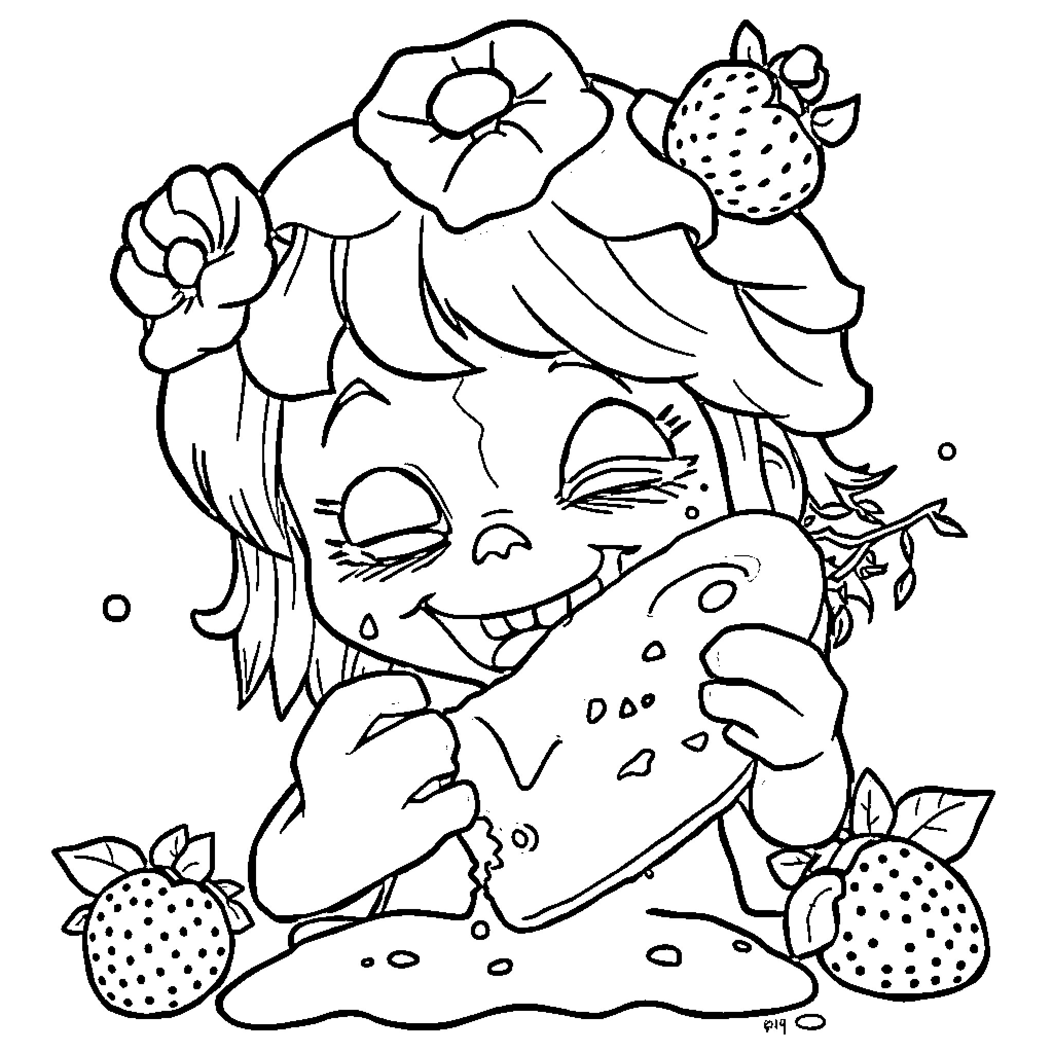 Zombie with Strawberry Decorations Eating Dirt Coloring Page (free black-and-white line drawing printable PDF for all, from beginners to advanced learners, including children, teens, adults, and seniors)