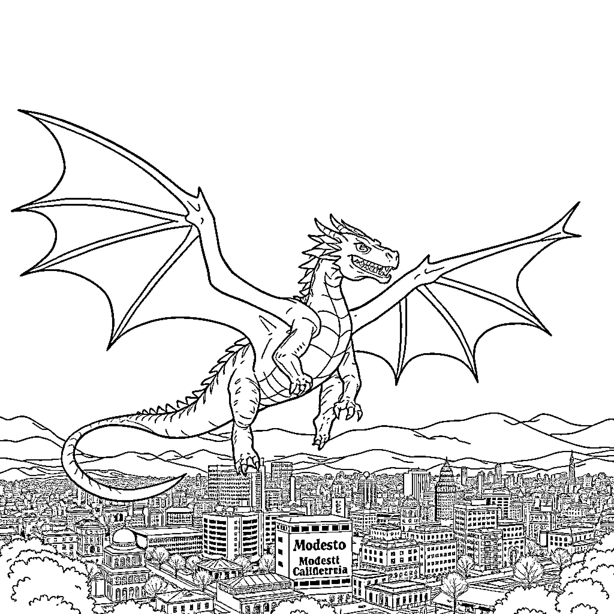 Dragon soaring above the city Coloring Page (free black-and-white line drawing printable PDF for all, from beginners to advanced learners, including children, teens, adults, and seniors)