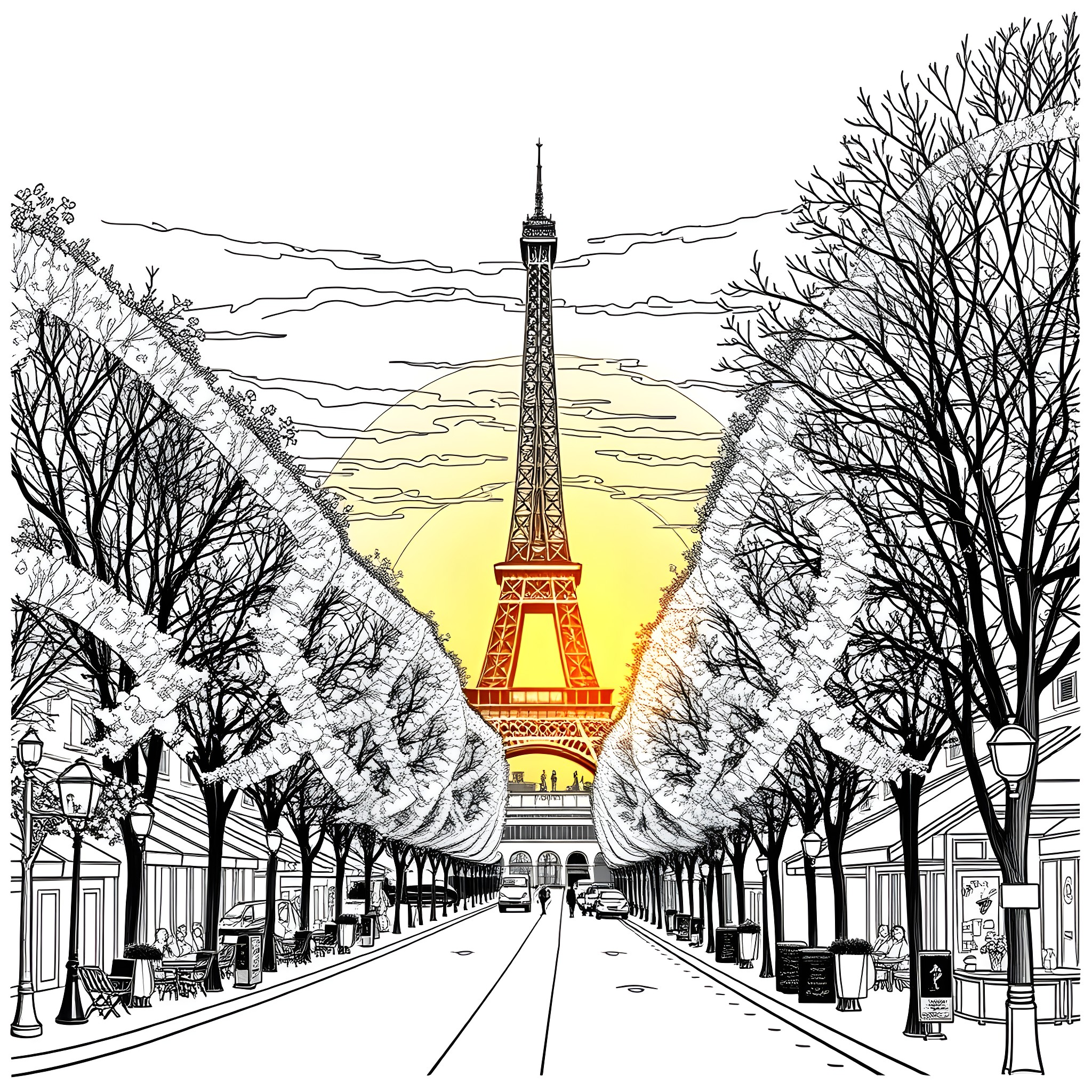 Eiffel Tower and Parisian Street Scene Coloring Page (free black-and-white line drawing printable PDF for all, from beginners to advanced learners, including children, teens, adults, and seniors)