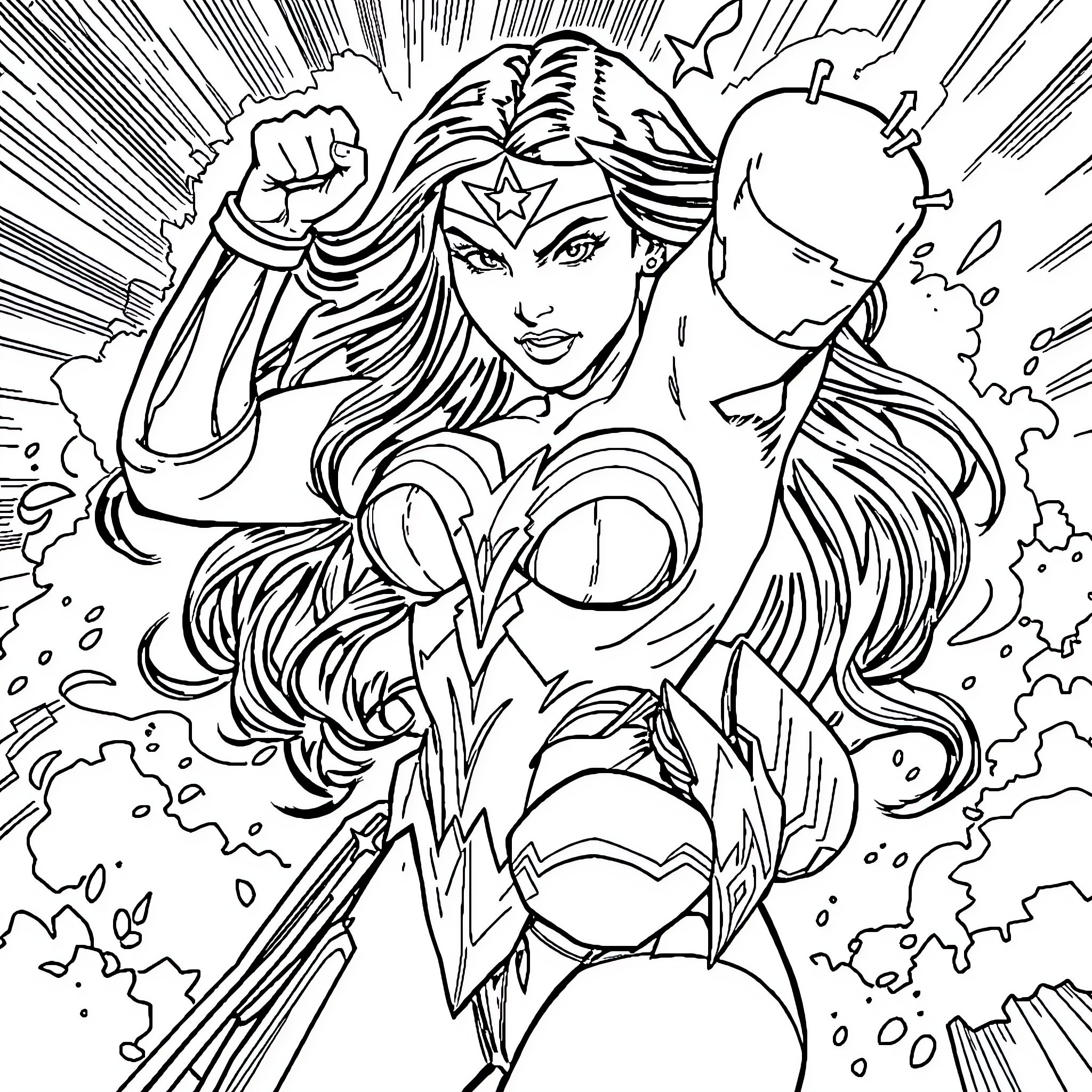 Wonder Woman in Action-Packed Superhero Pose Coloring Page (free black-and-white line drawing printable PDF for all, from beginners to advanced learners, including children, teens, adults, and seniors)