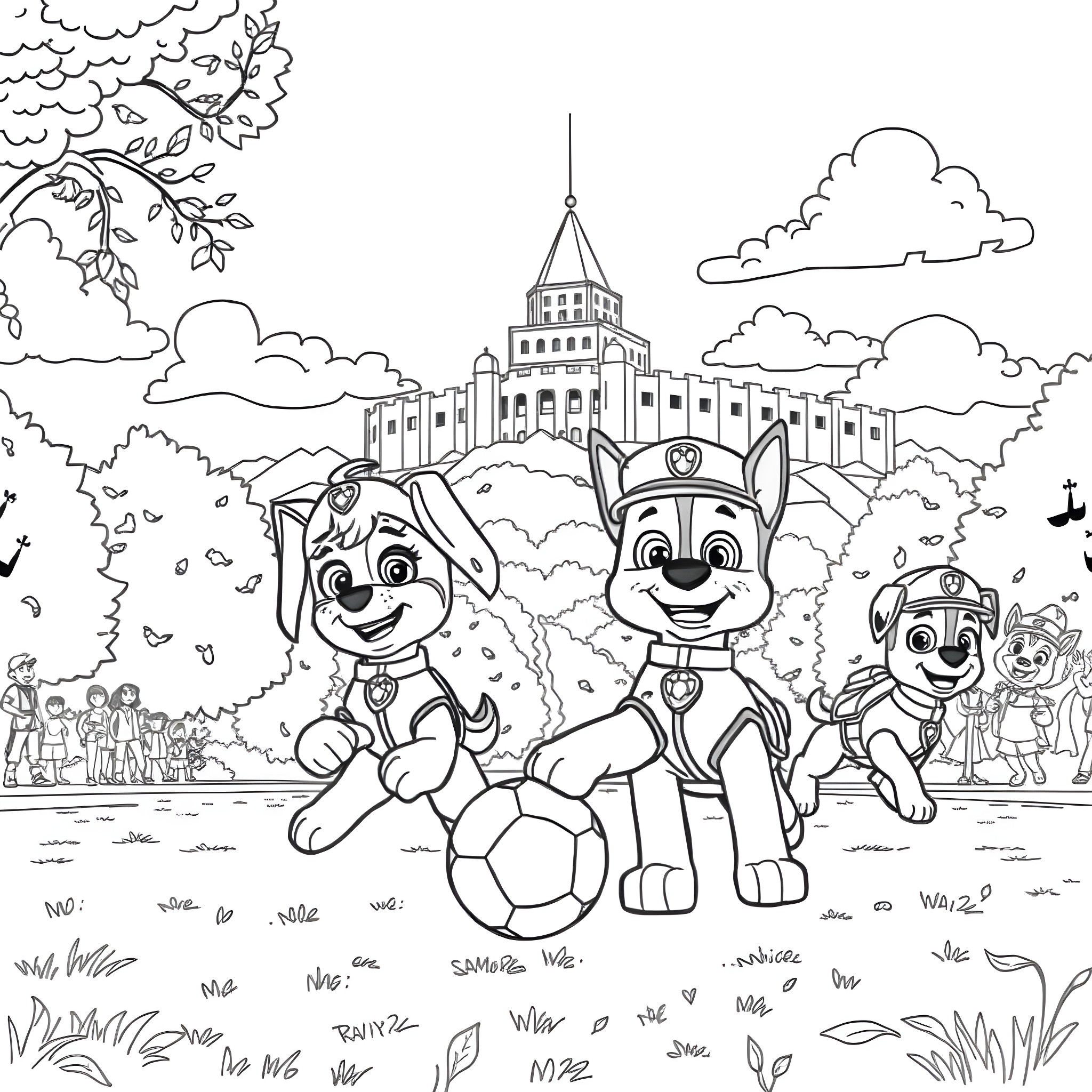 Paw Patrol characters in front of a castle Coloring Page (free black-and-white line drawing printable PDF for all, from beginners to advanced learners, including children, teens, adults, and seniors)