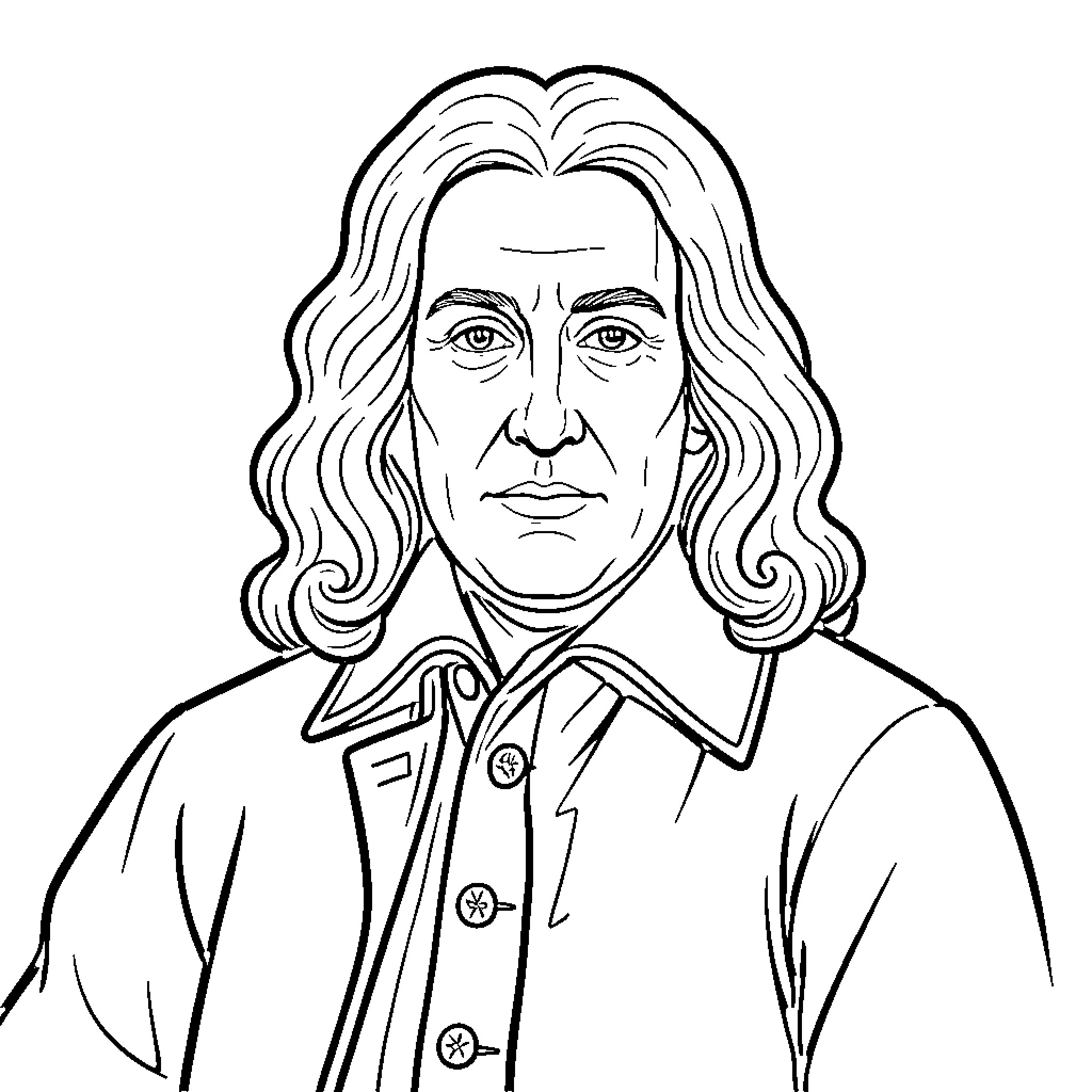 Isaac Newton wearing historical attire with a serious expression Coloring Page (free black-and-white line drawing printable PDF for all, from beginners to advanced learners, including children, teens, adults, and seniors)