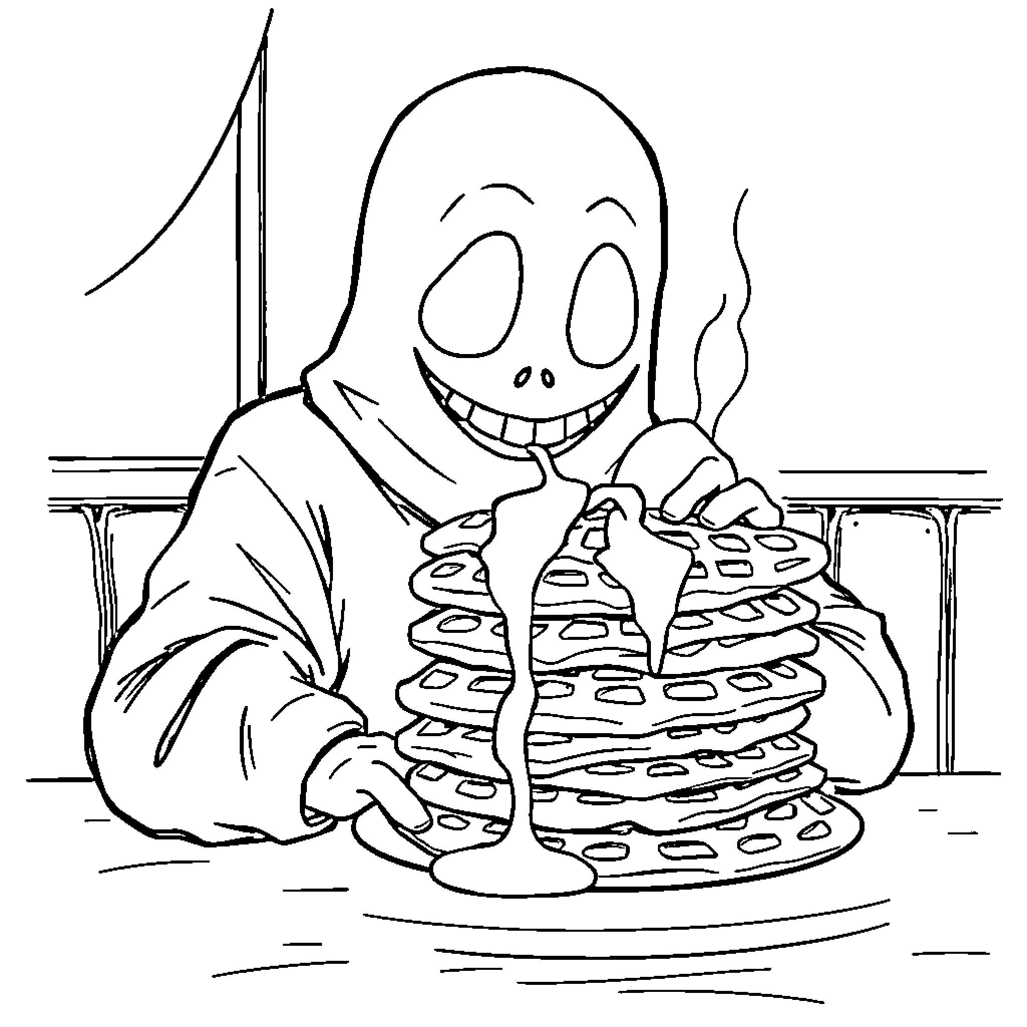 Ghostface Enjoying a Tasty Treat Coloring Page (free black-and-white line drawing printable PDF for all, from beginners to advanced learners, including children, teens, adults, and seniors)