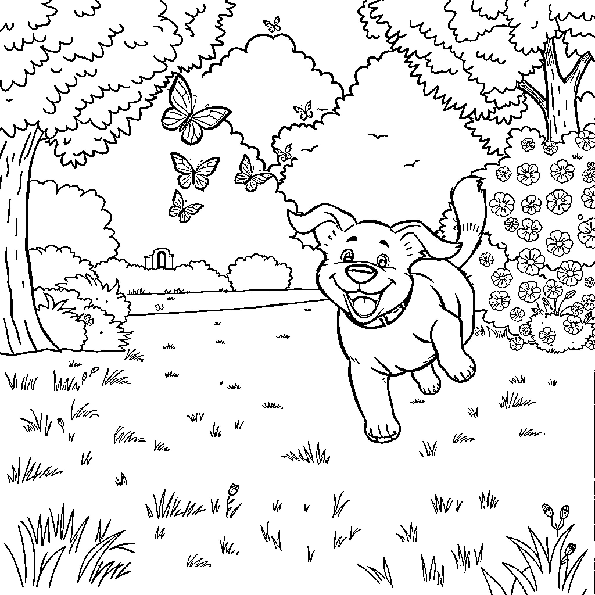 Dog enjoying a happy outdoor adventure Coloring Page (free black-and-white line drawing printable PDF for all, from beginners to advanced learners, including children, teens, adults, and seniors)