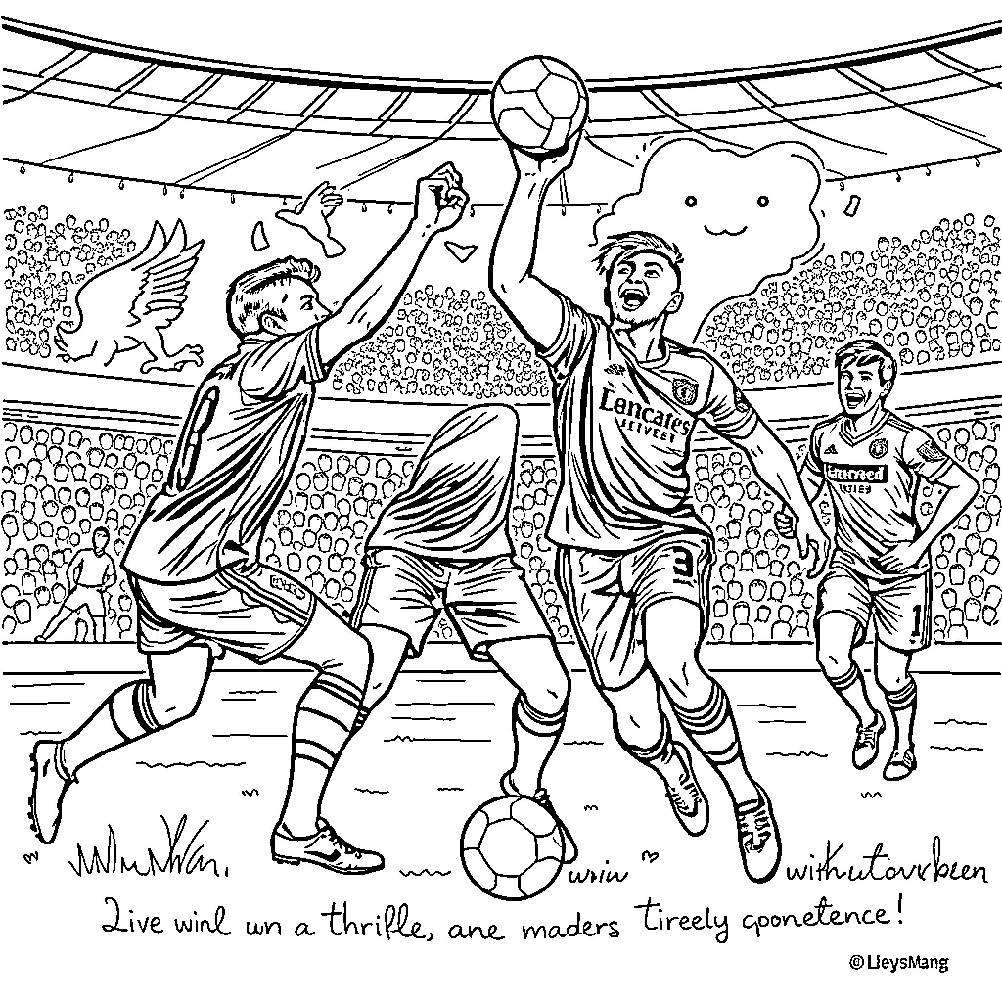 Man United players compete in exciting football match Coloring Page (free black-and-white line drawing printable PDF for all, from beginners to advanced learners, including children, teens, adults, and seniors)