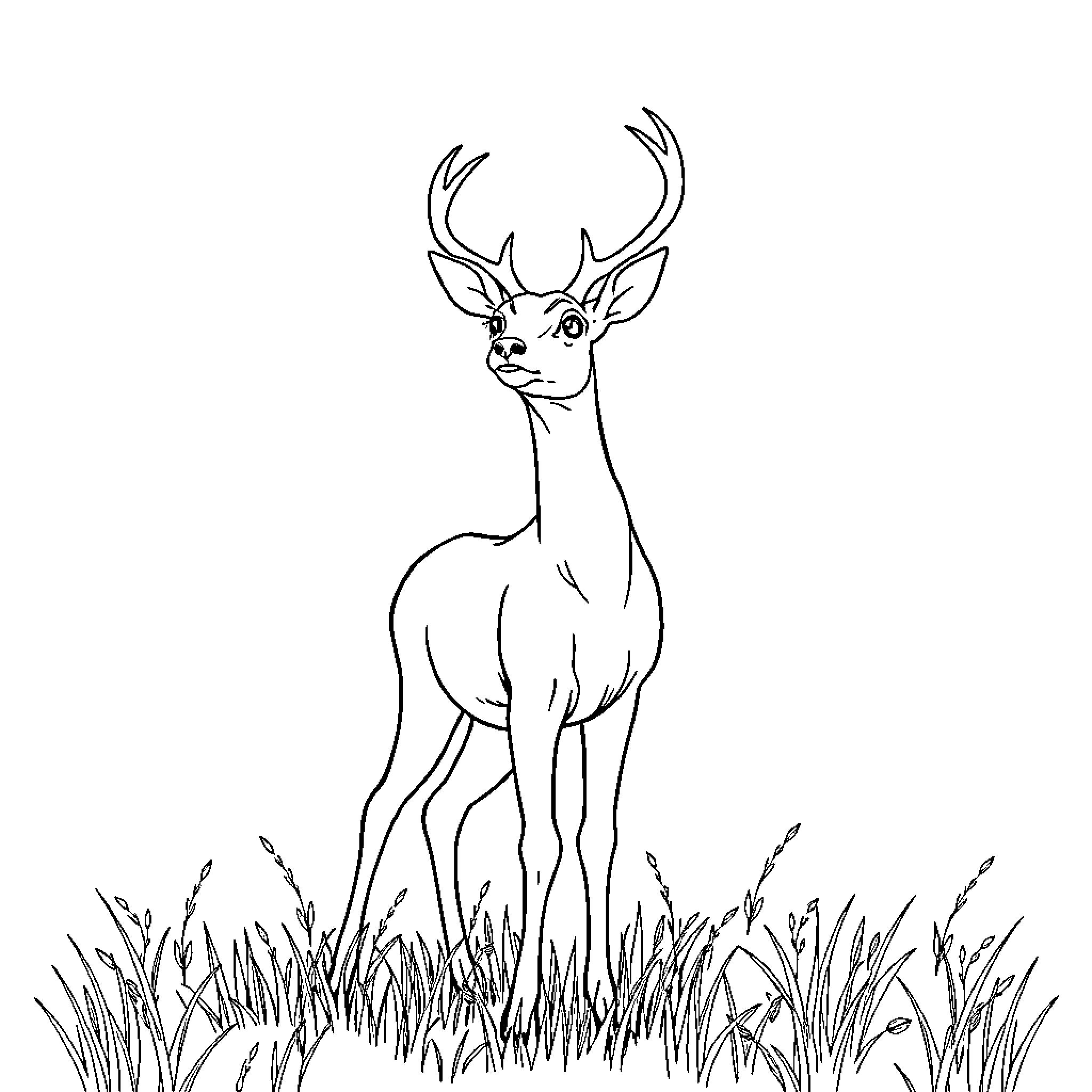 Deer standing in tall grass Coloring Page (free black-and-white line drawing printable PDF for all, from beginners to advanced learners, including children, teens, adults, and seniors)