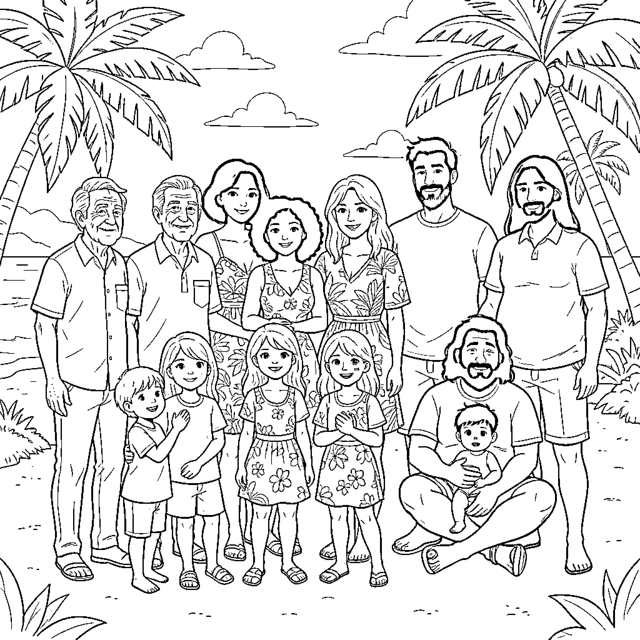 Family smiling together on a tropical beach vacation Coloring Page (free black-and-white line drawing printable PDF for all, from beginners to advanced learners, including children, teens, adults, and seniors)