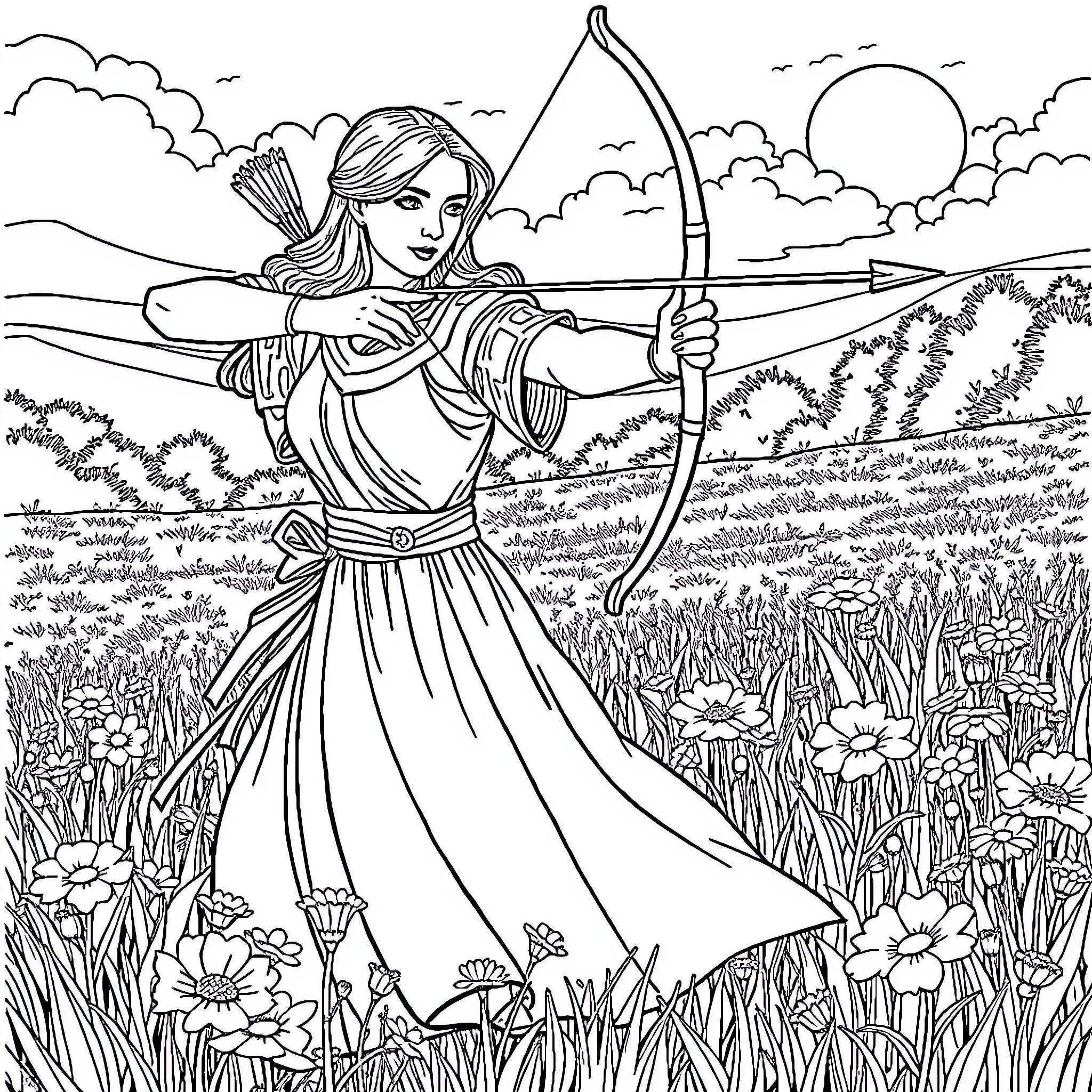 Noblewoman expertly handling a bow and arrow in a lush field Coloring Page (free black-and-white line drawing printable PDF for all, from beginners to advanced learners, including children, teens, adults, and seniors)