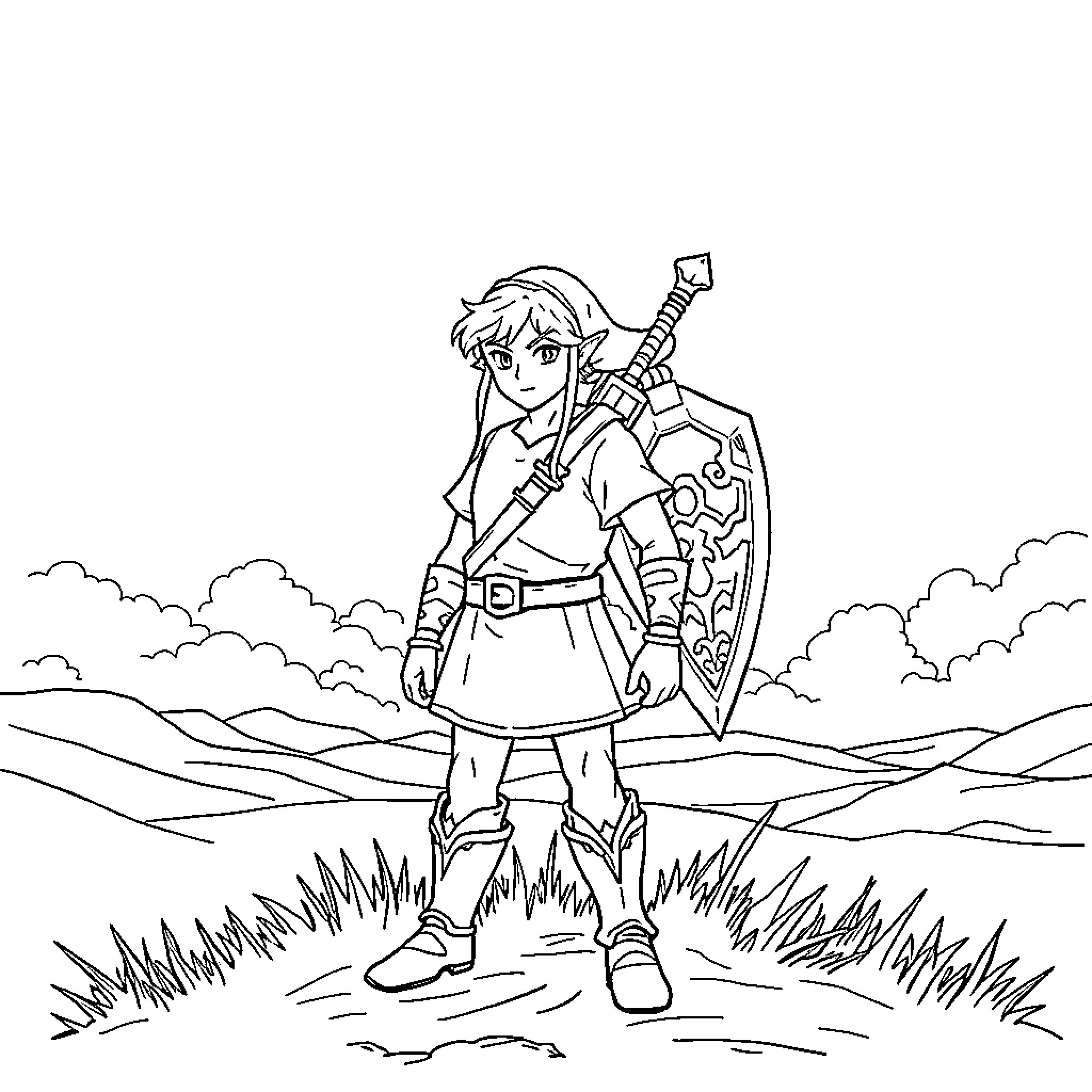 Link's Adventurous Exploration in the Countryside Coloring Page (free black-and-white line drawing printable PDF for all, from beginners to advanced learners, including children, teens, adults, and seniors)