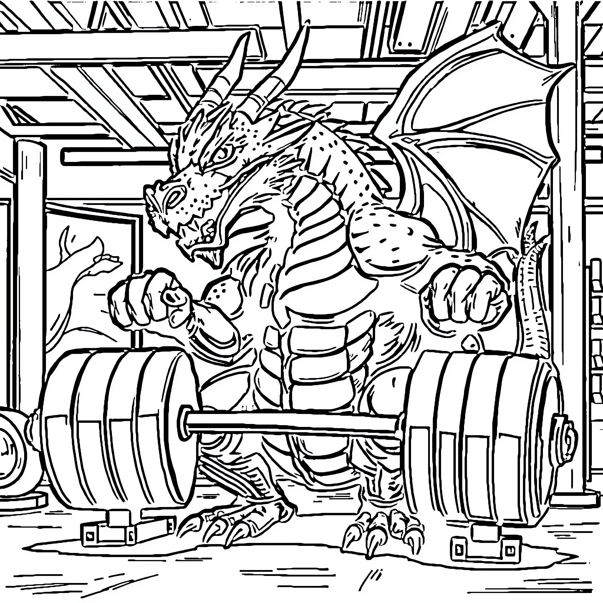 Dragon Bodybuilding in Futuristic Gym Coloring Page (free black-and-white line drawing printable PDF for all, from beginners to advanced learners, including children, teens, adults, and seniors)
