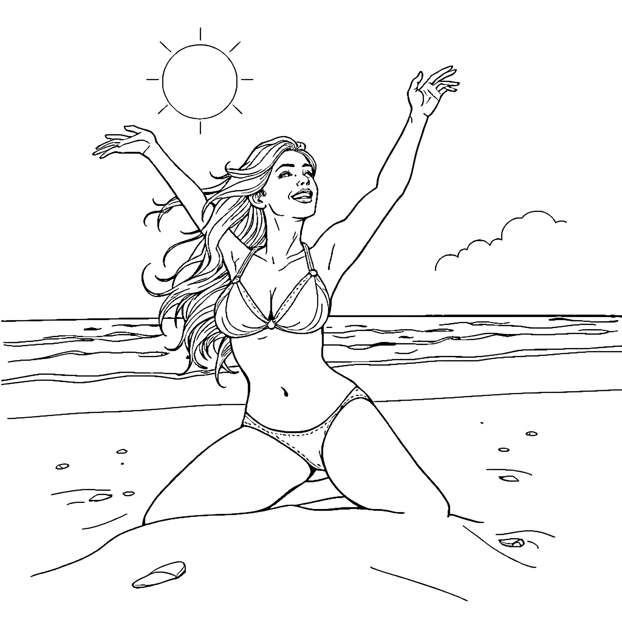 Woman enjoying the sun on the beach Coloring Page (free black-and-white line drawing printable PDF for all, from beginners to advanced learners, including children, teens, adults, and seniors)