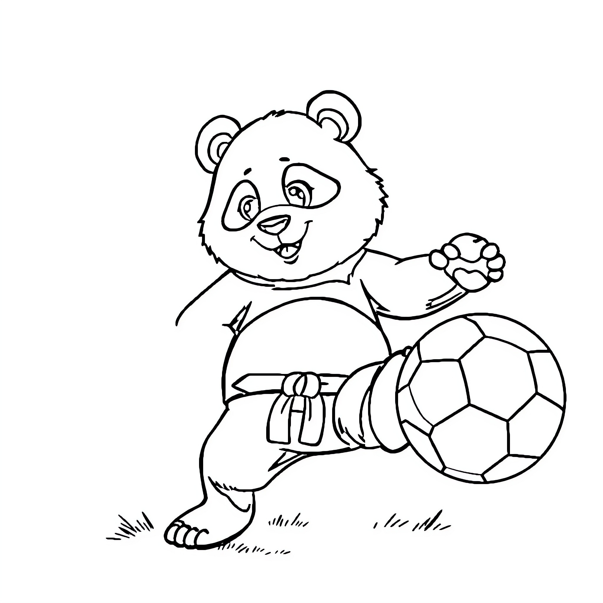 Panda playing soccer happily Coloring Page (free black-and-white line drawing printable PDF for all, from beginners to advanced learners, including children, teens, adults, and seniors)