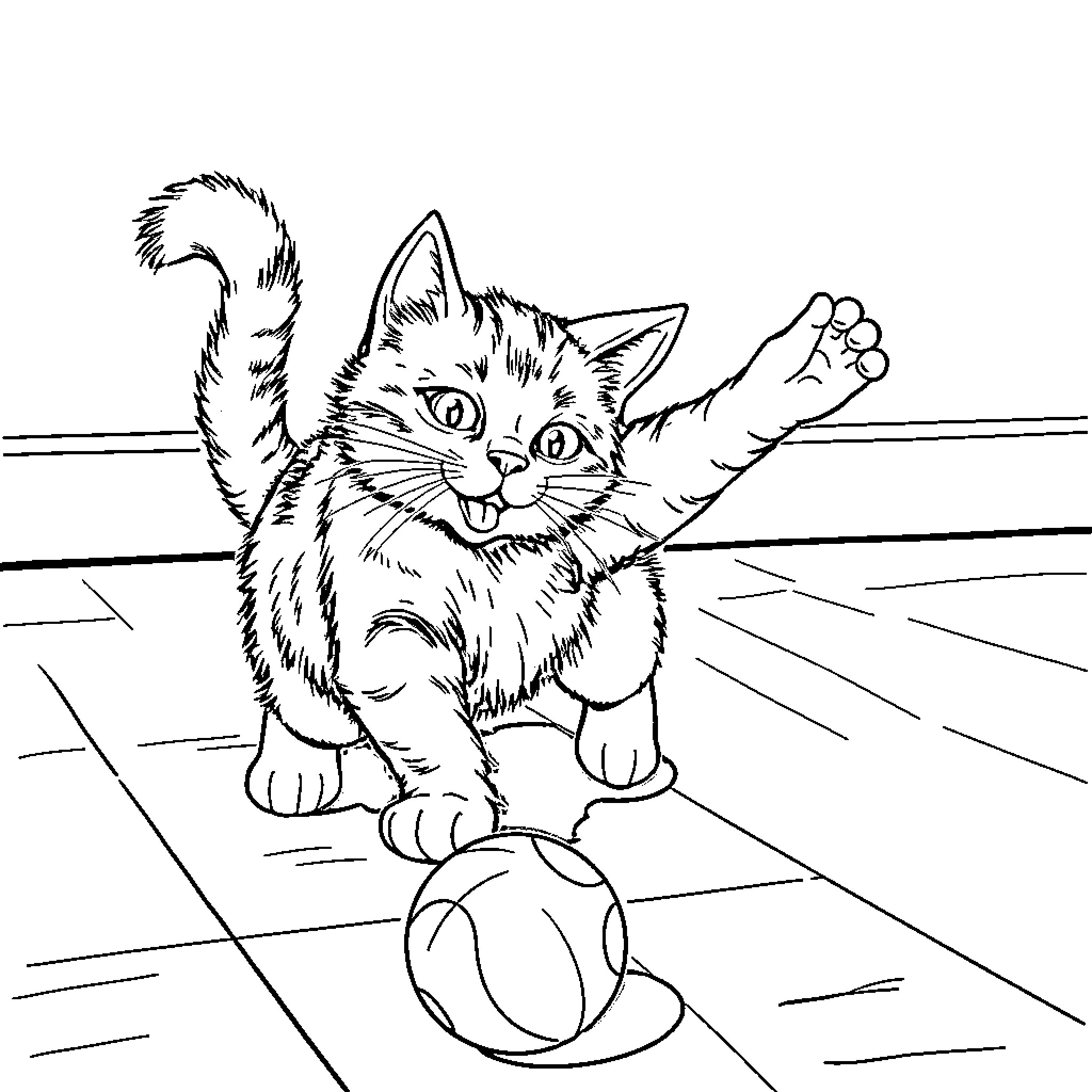 Cat playing with a ball on a tiled floor Coloring Page (free black-and-white line drawing printable PDF for all, from beginners to advanced learners, including children, teens, adults, and seniors)