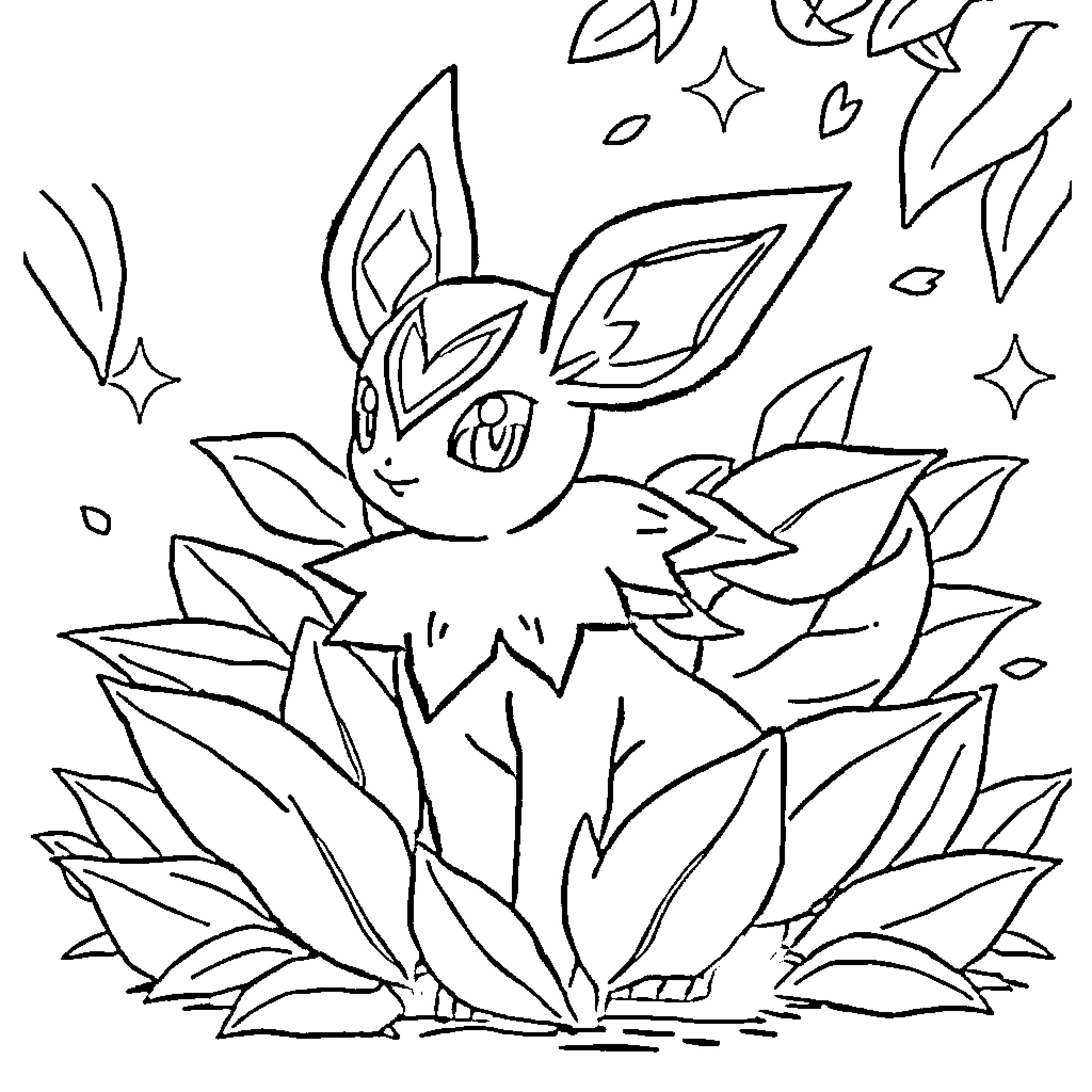 Leafeon playing amid mystical foliage Coloring Page (free black-and-white line drawing printable PDF for all, from beginners to advanced learners, including children, teens, adults, and seniors)